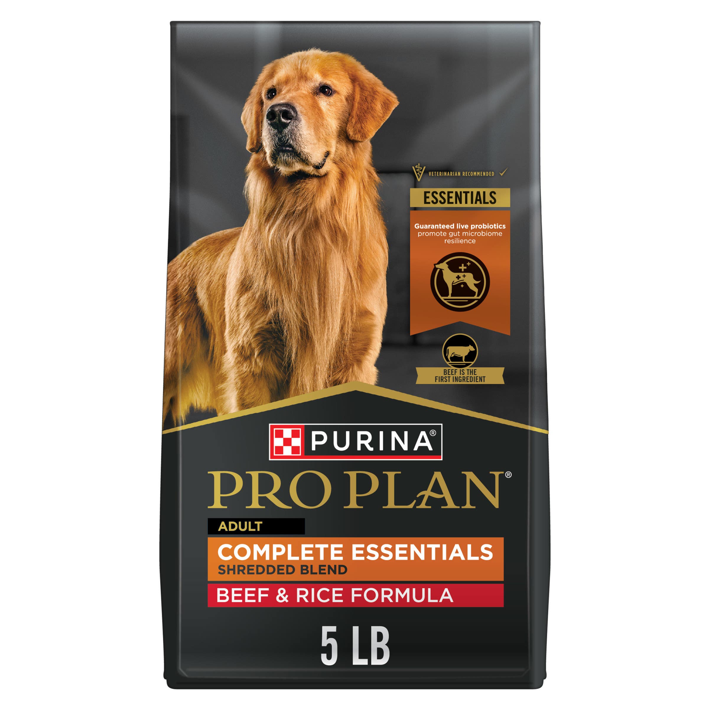 Purina Pro Plan Adult Complete Essentials Shredded Blend Beef & Rice with Probiotics Dry Dog Food, 5 lb Bag