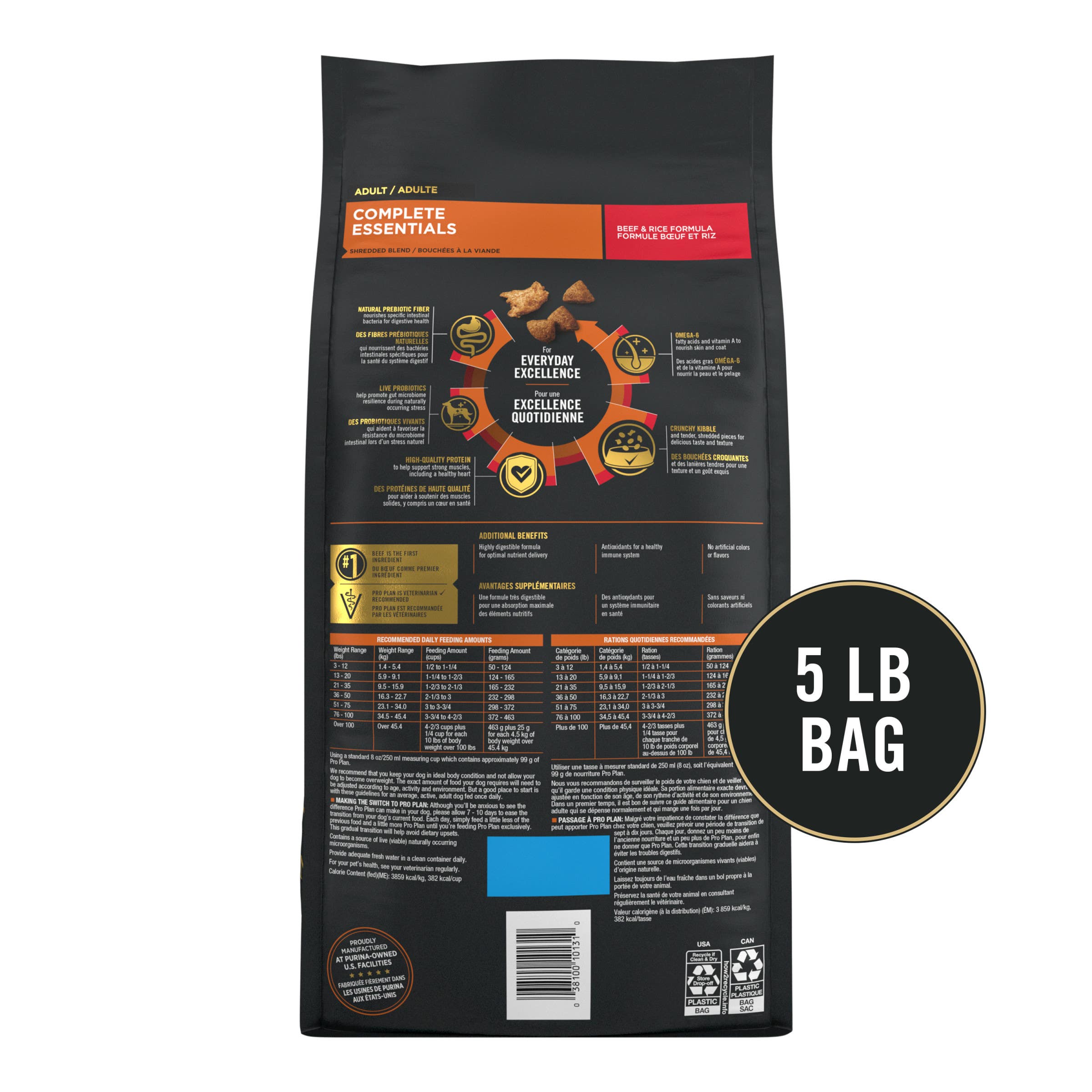 Purina Pro Plan Adult Complete Essentials Shredded Blend Beef & Rice with Probiotics Dry Dog Food, 5 lb Bag