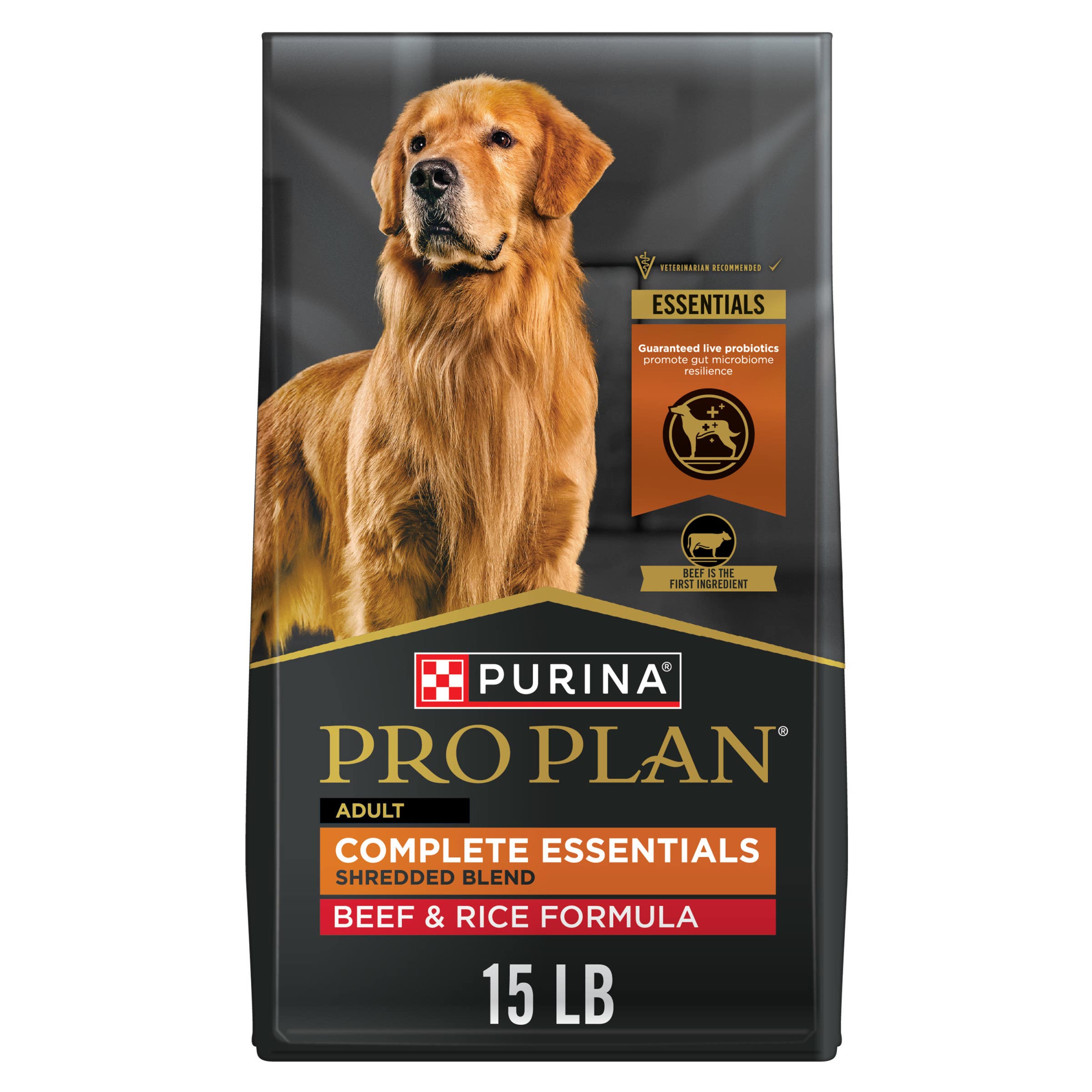 Pro Plan Adult Complete Essentials Shredded Blend Beef & Rice with Probiotics Dry Dog Food, 15 lb Bag