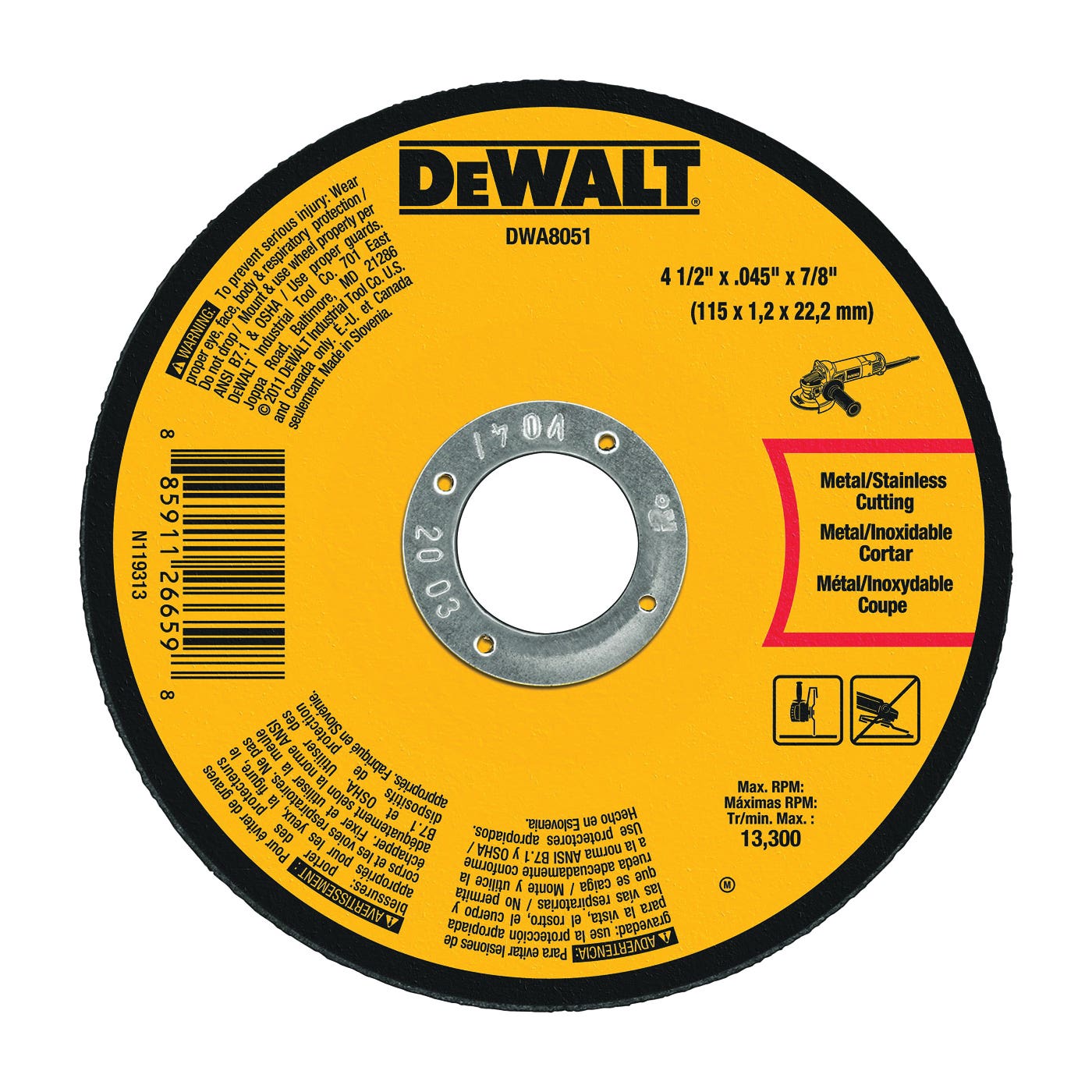 DEWALT DWA8051 Cutting Wheel, 4-1/2 in Dia, 0.45 in Thick, 7/8 in Arbor, Medium, Aluminum Oxide Abrasive