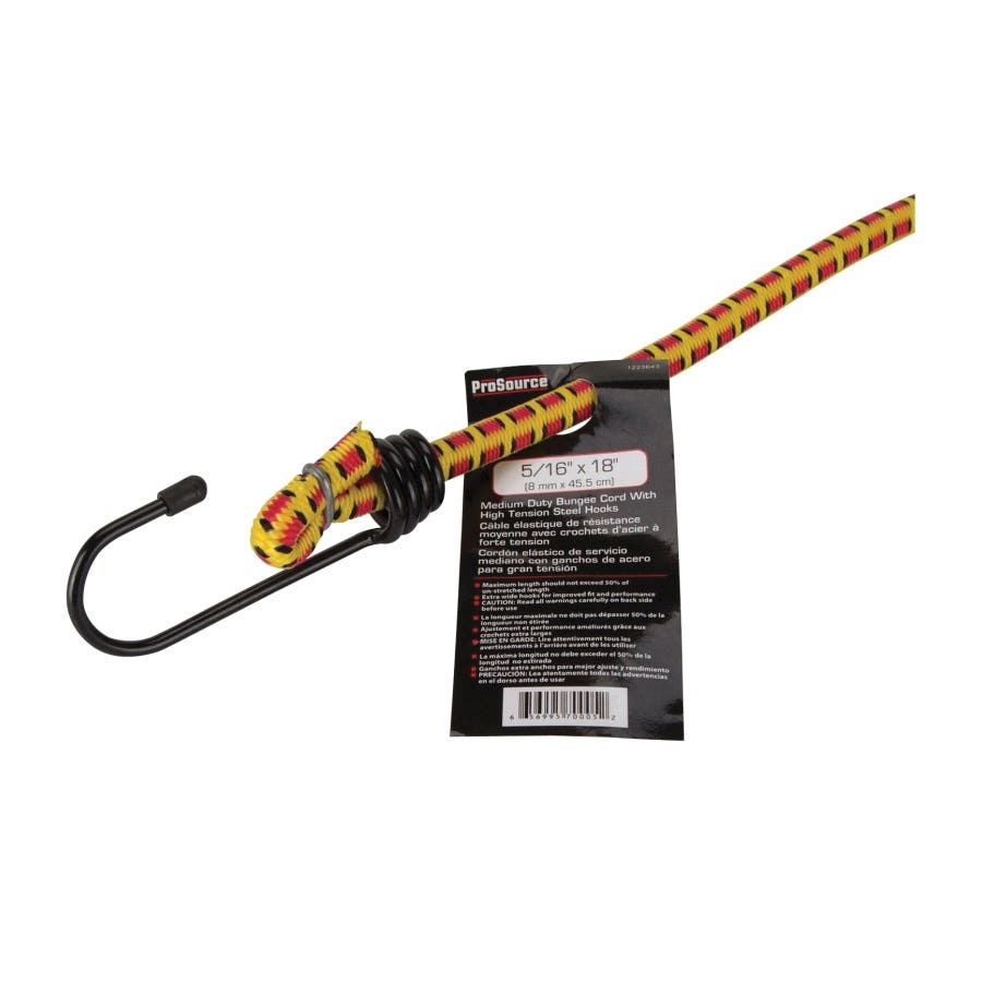 ProSource RT0818 Bungee Stretch Cord, 8 mm Dia, 18 in L, Polypropylene, Red/Yellow, Hook End