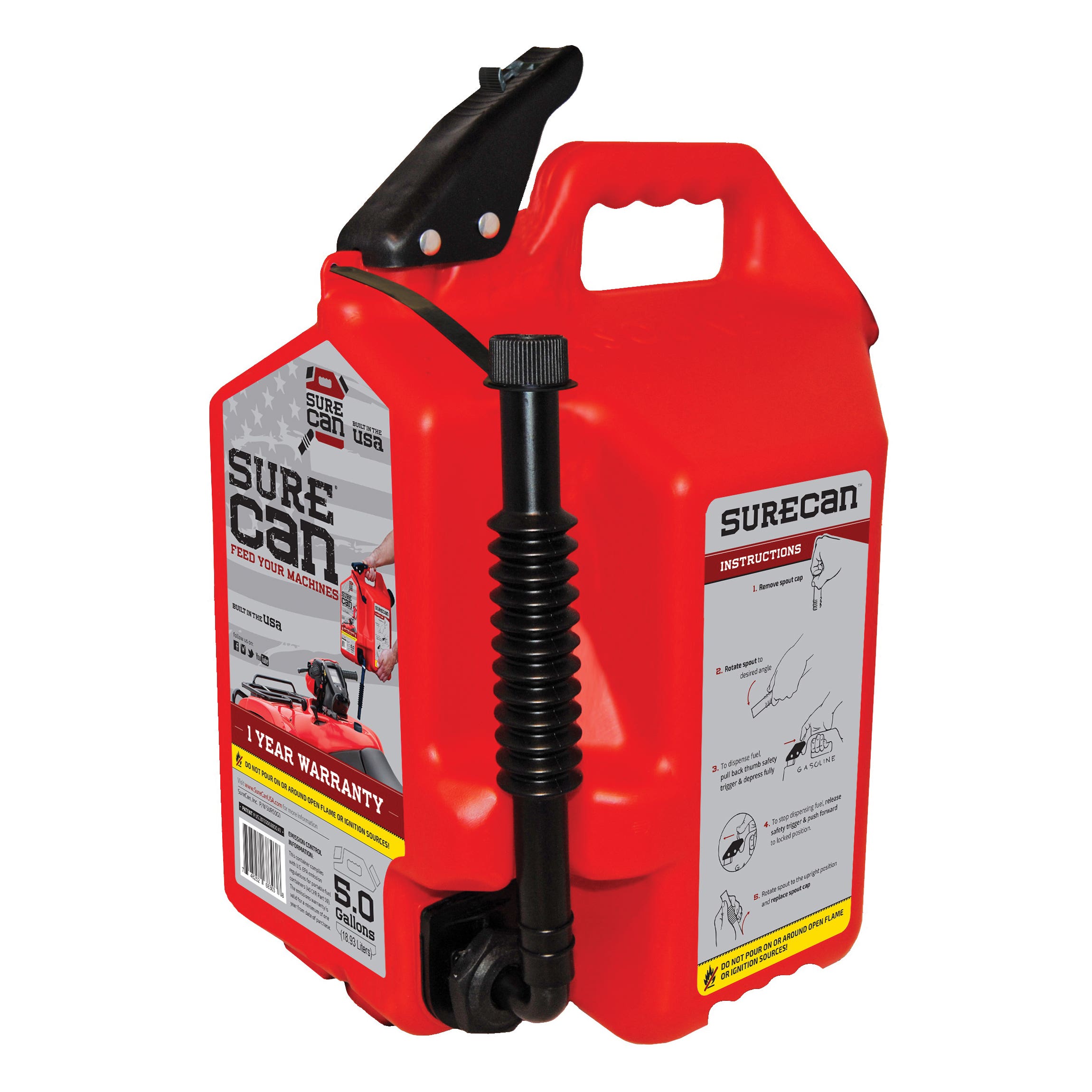SUREcan Gas Can, 5 gal Capacity, Plastic, Red