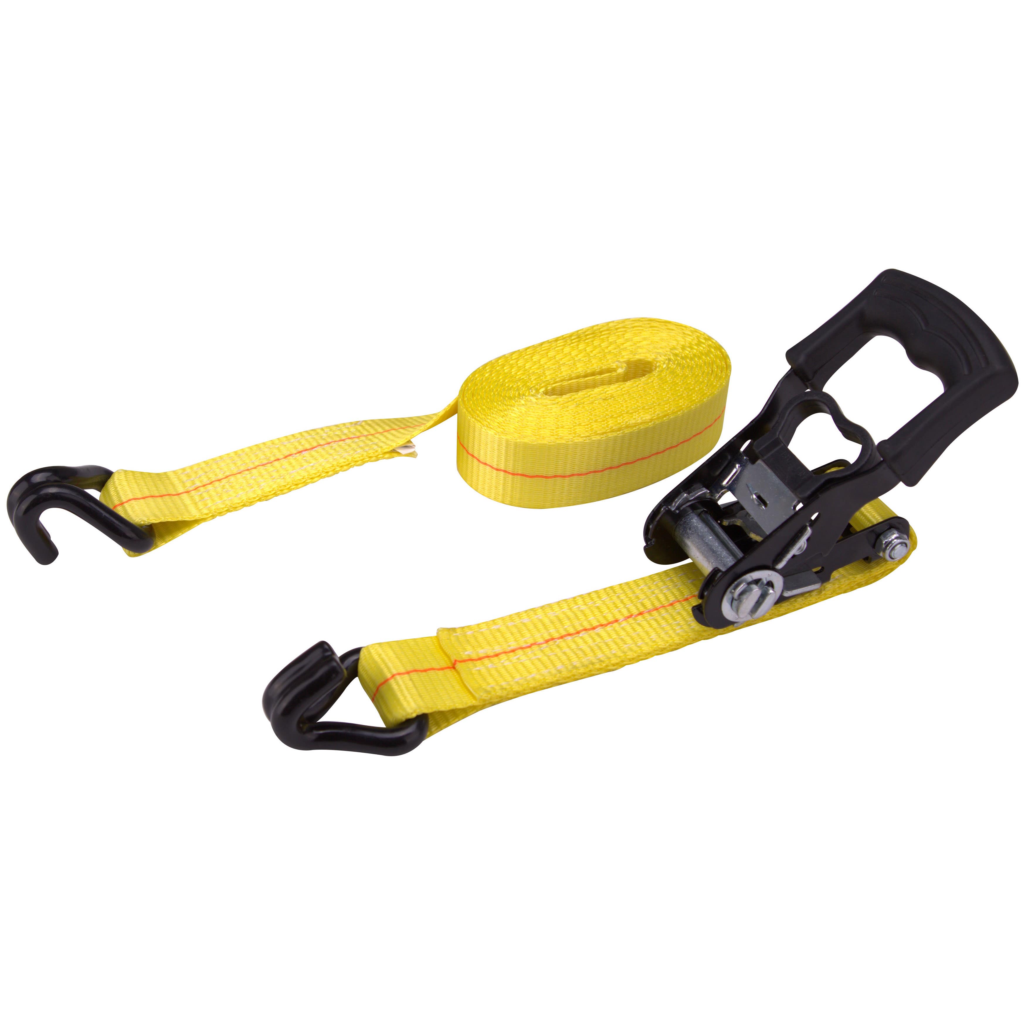 ProSource FH64071 Tie-Down, 1-1/2 in W, 15 ft L, Metal/Polyester, Yellow, 1666 lb, Double J-Hook End Fitting
