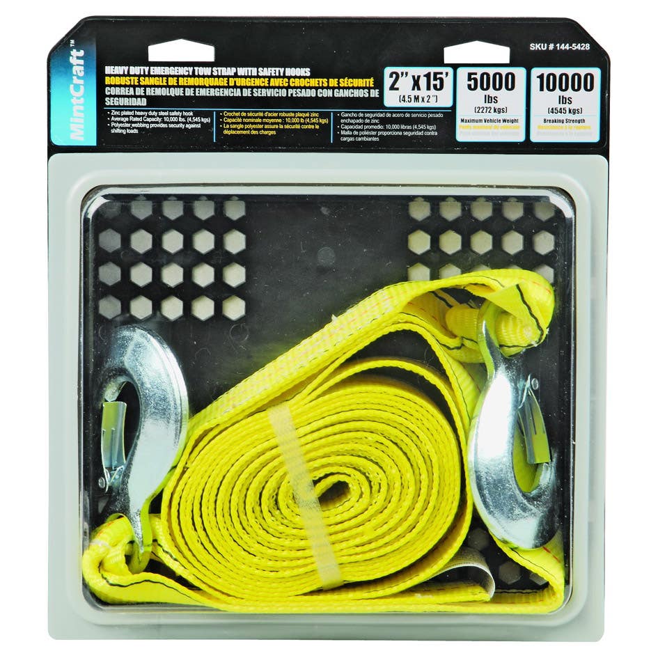 ProSource FH64061 Emergency Tow Strap, 10,000 lb, 2 in W, 15 ft L, Hook End, Polyester/Steel, Yellow