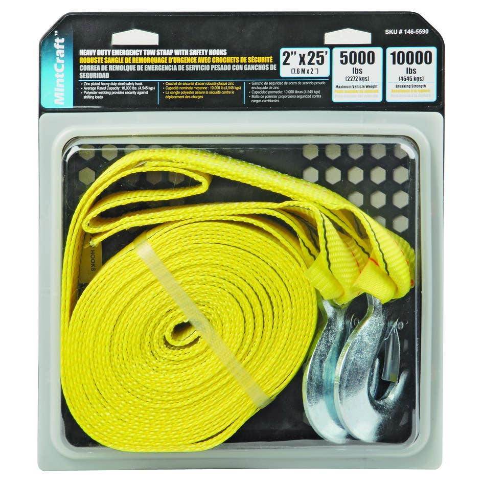 ProSource FH64062-1 Emergency Tow Strap, 10,000 lb, 2 in W, 25 ft L, Hook End, Polyester/Steel, Yellow