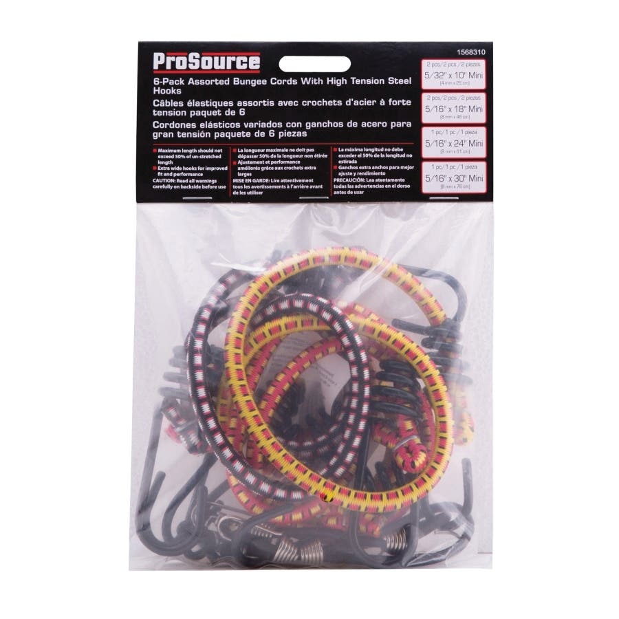 ProSource FH64078 Bungee Stretch Cord Set, Polypropylene, Black/Red/Yellow, Hook End