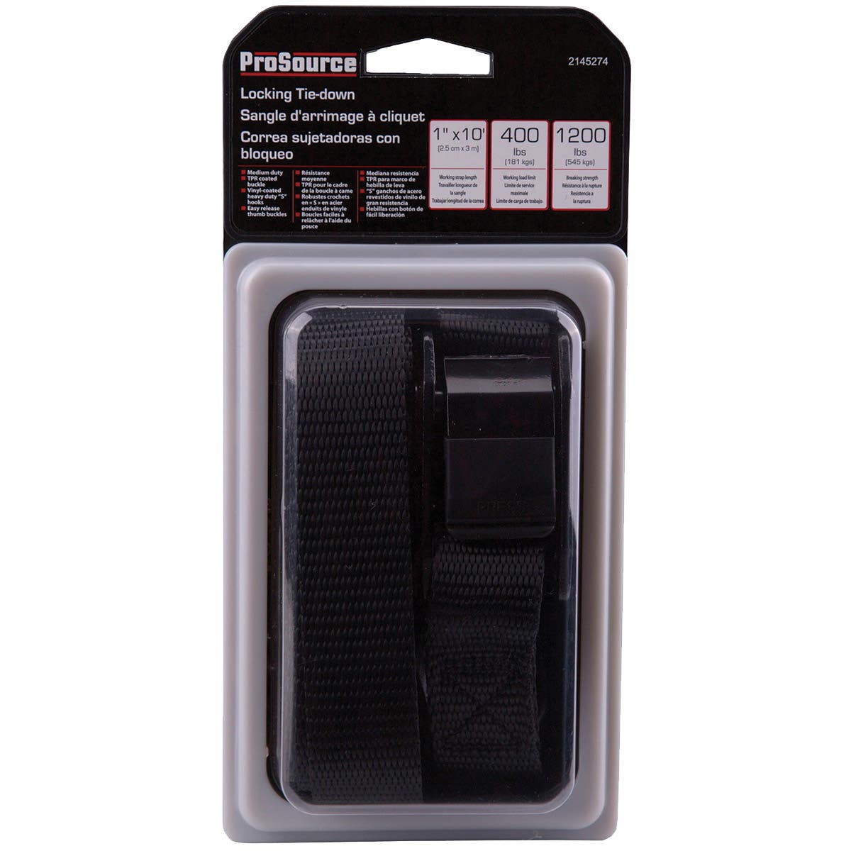 ProSource RT45481 Tie-Down, 1 in W, 10 ft L, Metal/Polyester, Black, 400 lb, S-Hook End Fitting, Steel End Fitting
