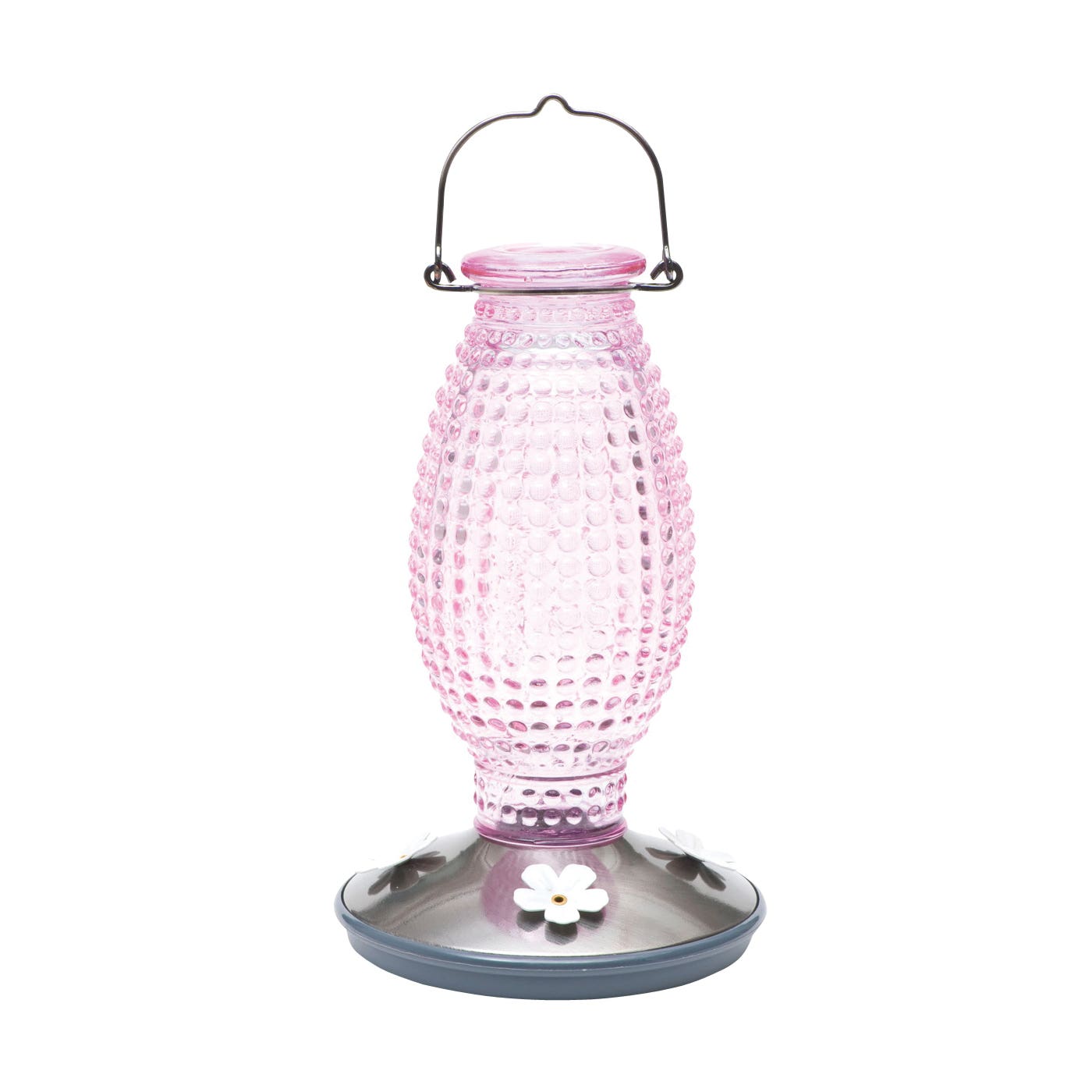 Perky-Pet Bird Feeder, Hobnail Vintage, 16 oz, 4-Port/Perch, Glass, Pale Cranberry, 10-1/4 in H