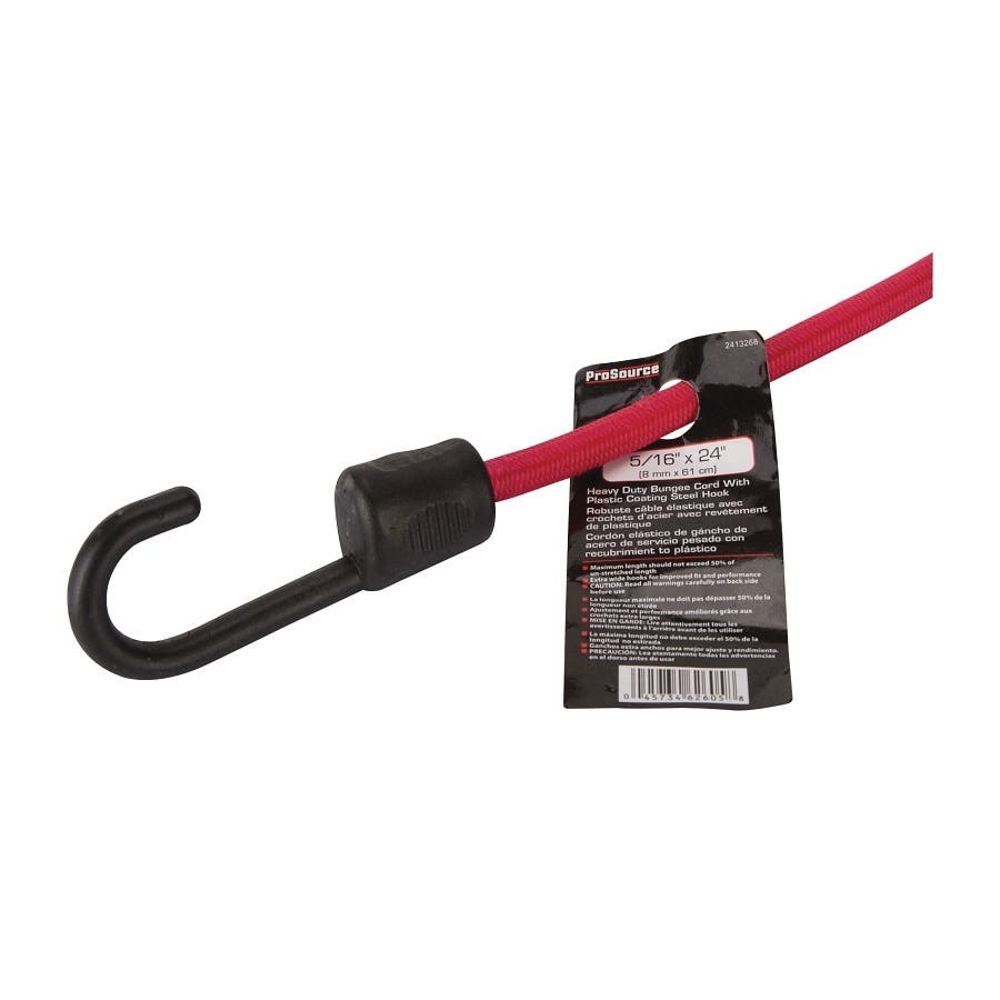 ProSource FH64082 Bungee Stretch Cord, 8 mm Dia, 24 in L, Red, Hook End