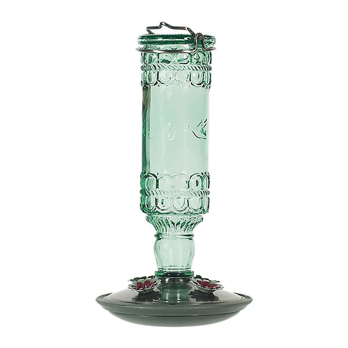 Perky-Pet Bird Feeder, Antique Bottle, 10 oz, 4-Port/Perch, Glass/Metal, Green, 10 in H