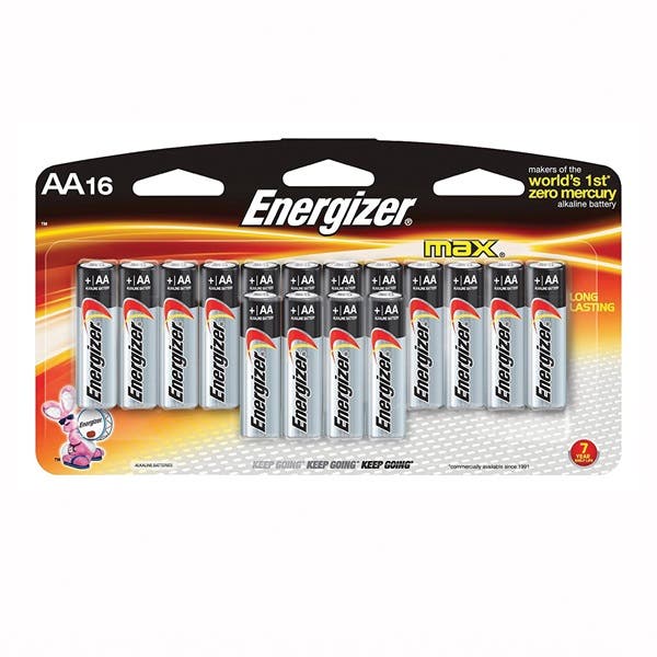 Energizer E91 Series E91LP-16 Battery, 1.5 V Battery, 2850 mAh, AA Battery, Alkaline, Manganese Dioxide, Zinc, 16/PK