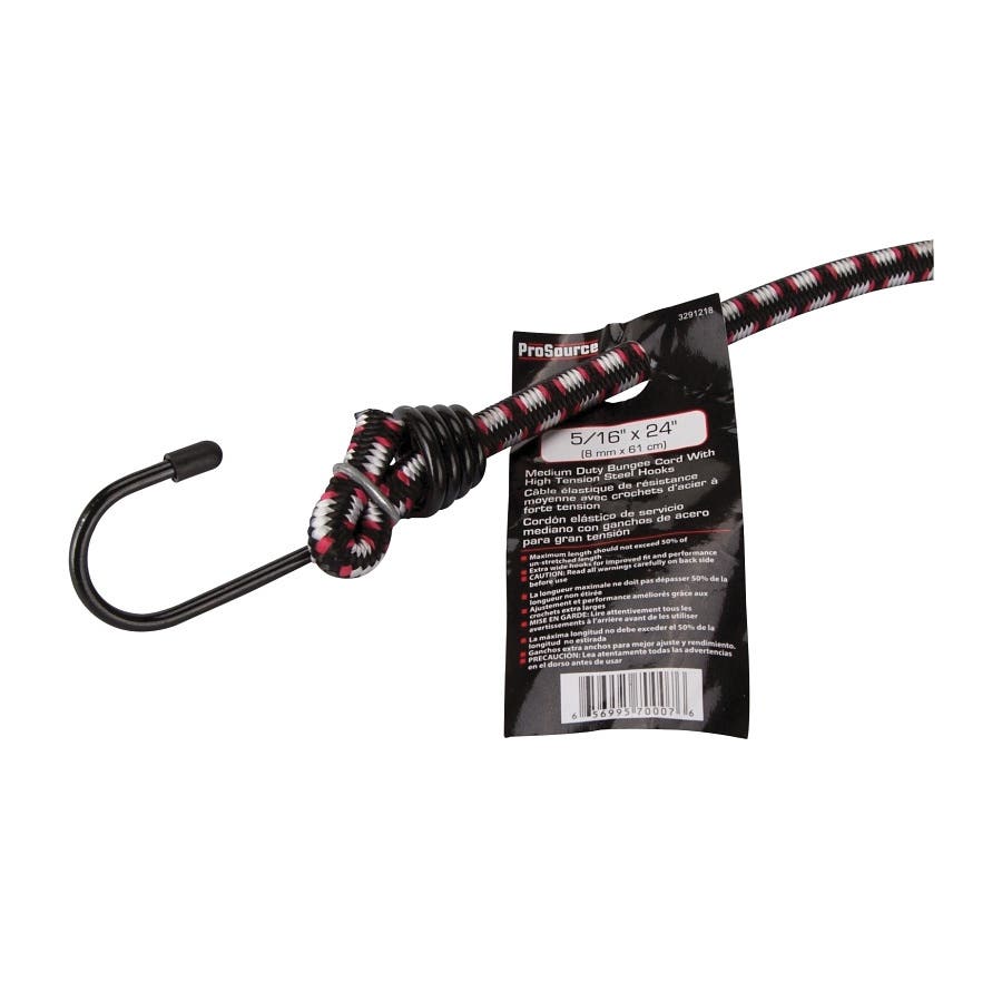 ProSource FH64017 Bungee Stretch Cord, 8 mm Dia, 24 in L, Polypropylene, Black, Hook End