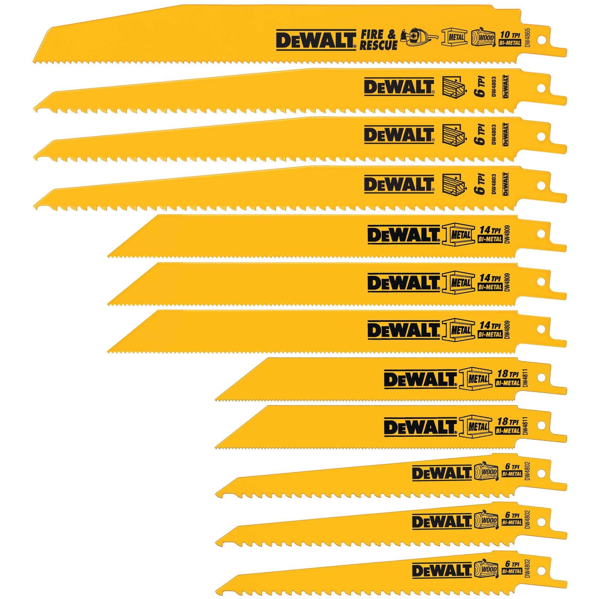 DEWALT DW4892 Reciprocating Saw Blade Set, 12-Piece, Bi-Metal, Yellow