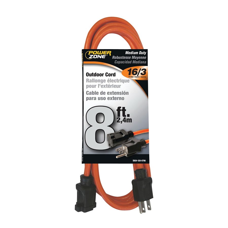 PowerZone OR501608 Extension Cord, 16 AWG Cable, 5-15P Grounded Plug, 5-15R Grounded Receptacle, 8 ft L, 125 V, Orange