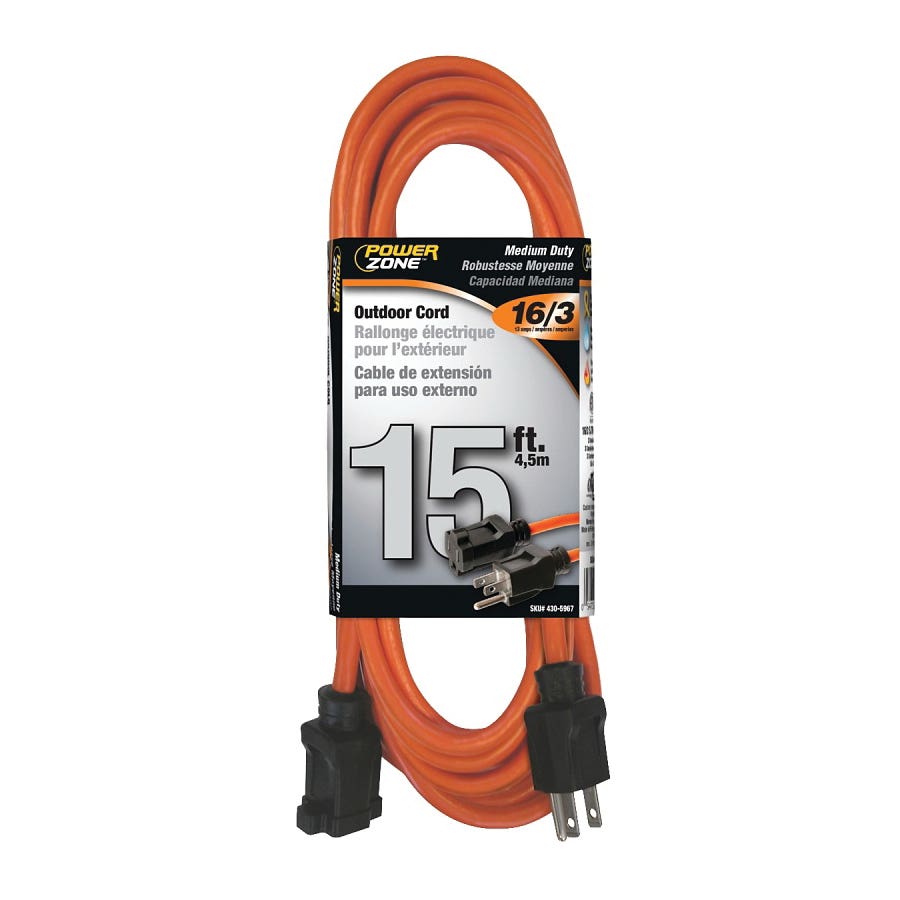 PowerZone OR501615 Extension Cord, 16 AWG Cable, 5-15P Grounded Plug, 5-15R Grounded Receptacle, 15 ft L, 125 V, Orange