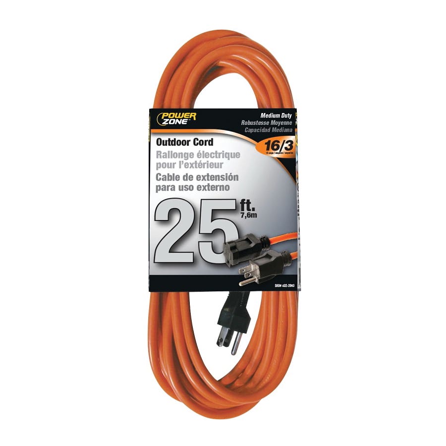 PowerZone OR501625 Extension Cord, 16 AWG Cable, 5-15P Grounded Plug, 5-15R Grounded Receptacle, 25 ft L, 125 V, Orange