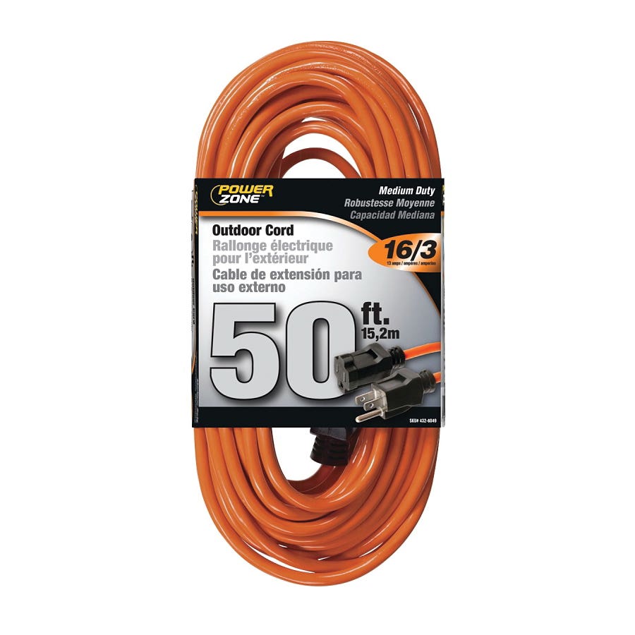 PowerZone OR501630 Extension Cord, 16 AWG Cable, 5-15P Grounded Plug, 5-15R Grounded Receptacle, 50 ft L, 125 V, Orange