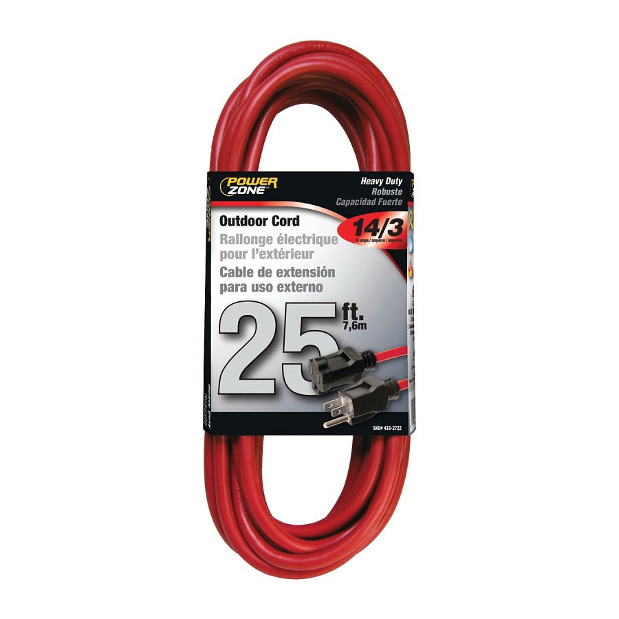 PowerZone OR514725/506725 Extension Cord, 14 AWG Cable, 25 ft L, 125 V, Red