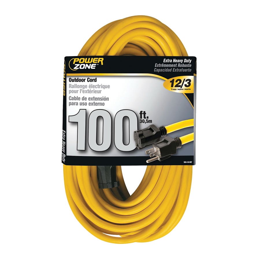PowerZone OR500835 Extension Cord, 12 AWG Cable, 100 ft L, 125 V, Yellow