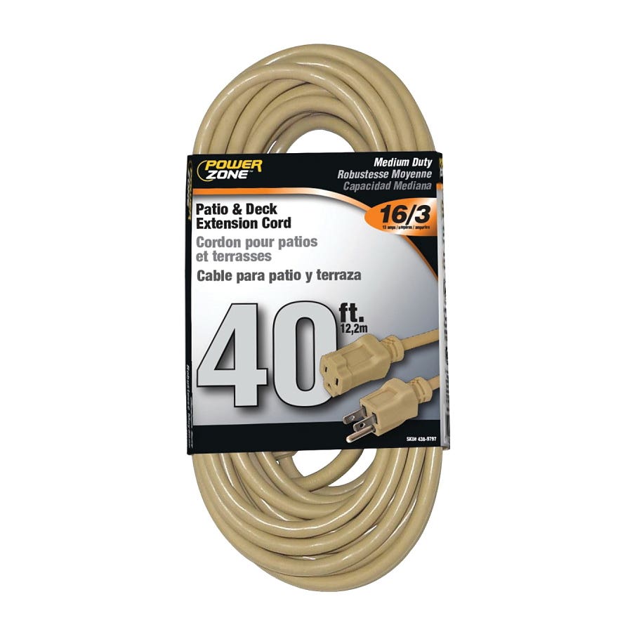 PowerZone OR884628 Extension Cord, 16 AWG Cable, 40 ft L, 125 V, Beige
