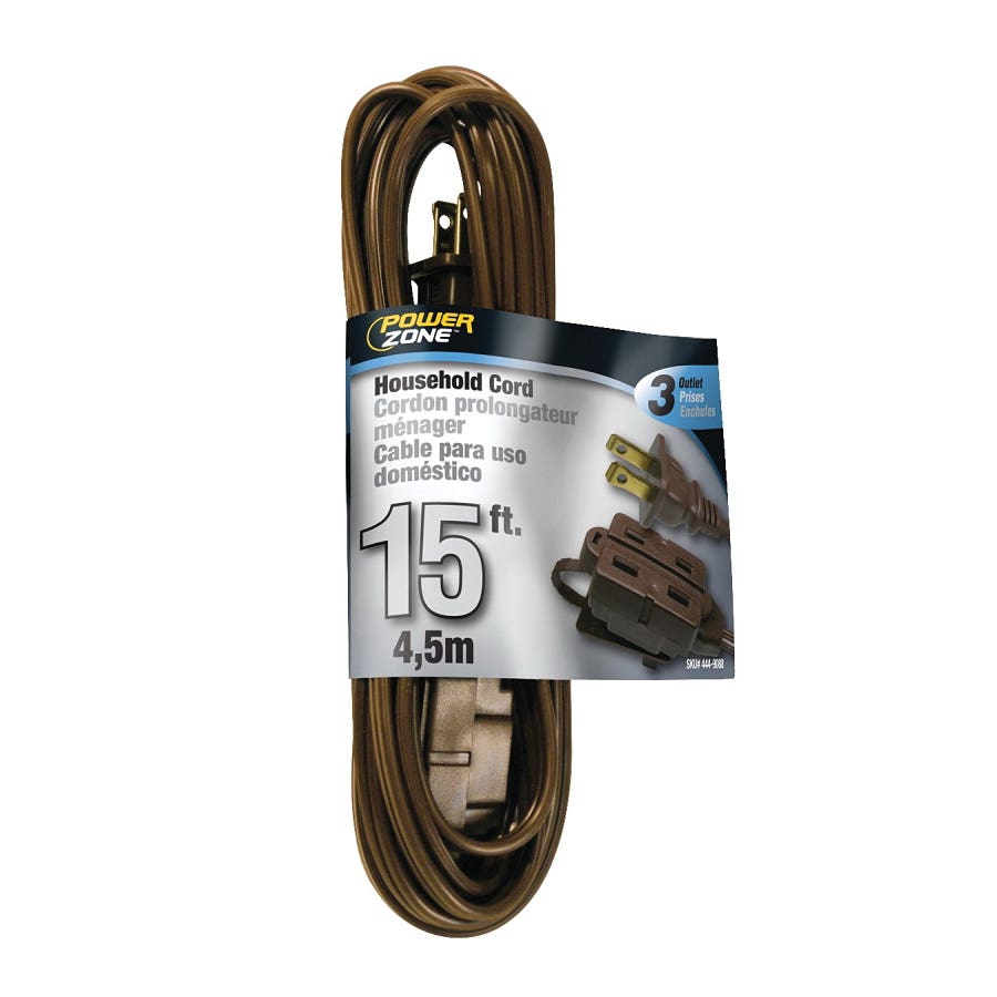 PowerZone OR670615 Extension Cord, 16 AWG Cable, 15 ft L, 125 V, Brown