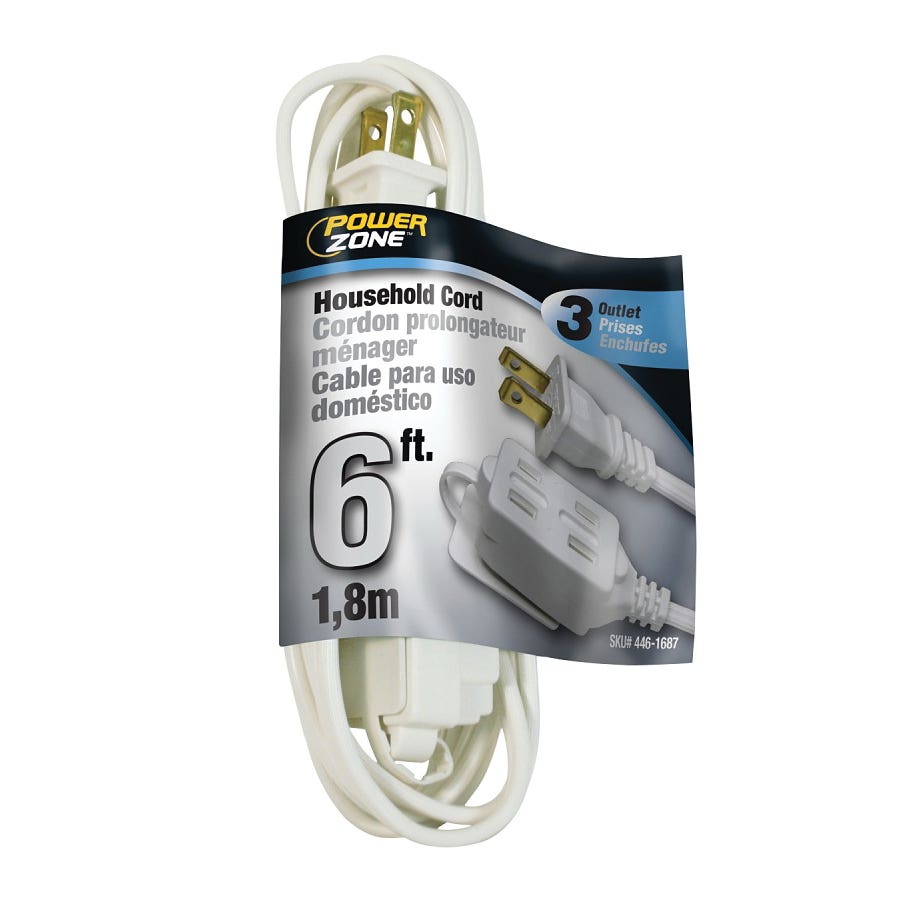 PowerZone OR660606 Extension Cord, 16 AWG Cable, 6 ft L, 125 V, White