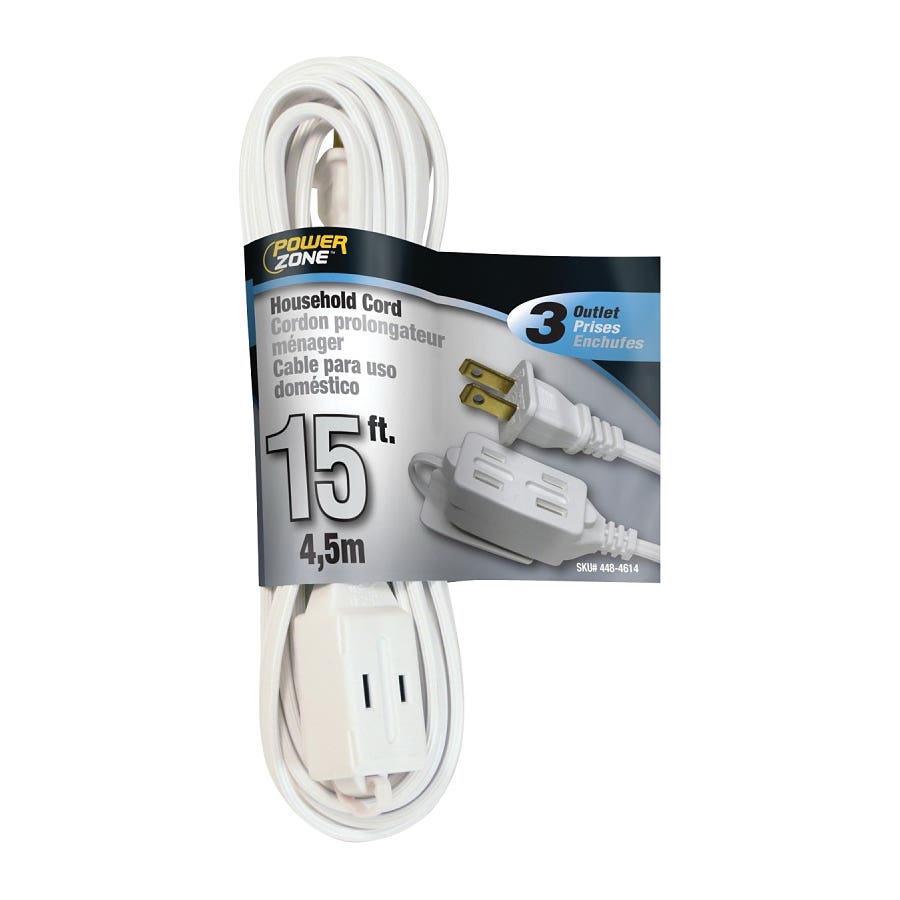 PowerZone OR660615 Extension Cord, 16 AWG Cable, 15 ft L, 125 V, White