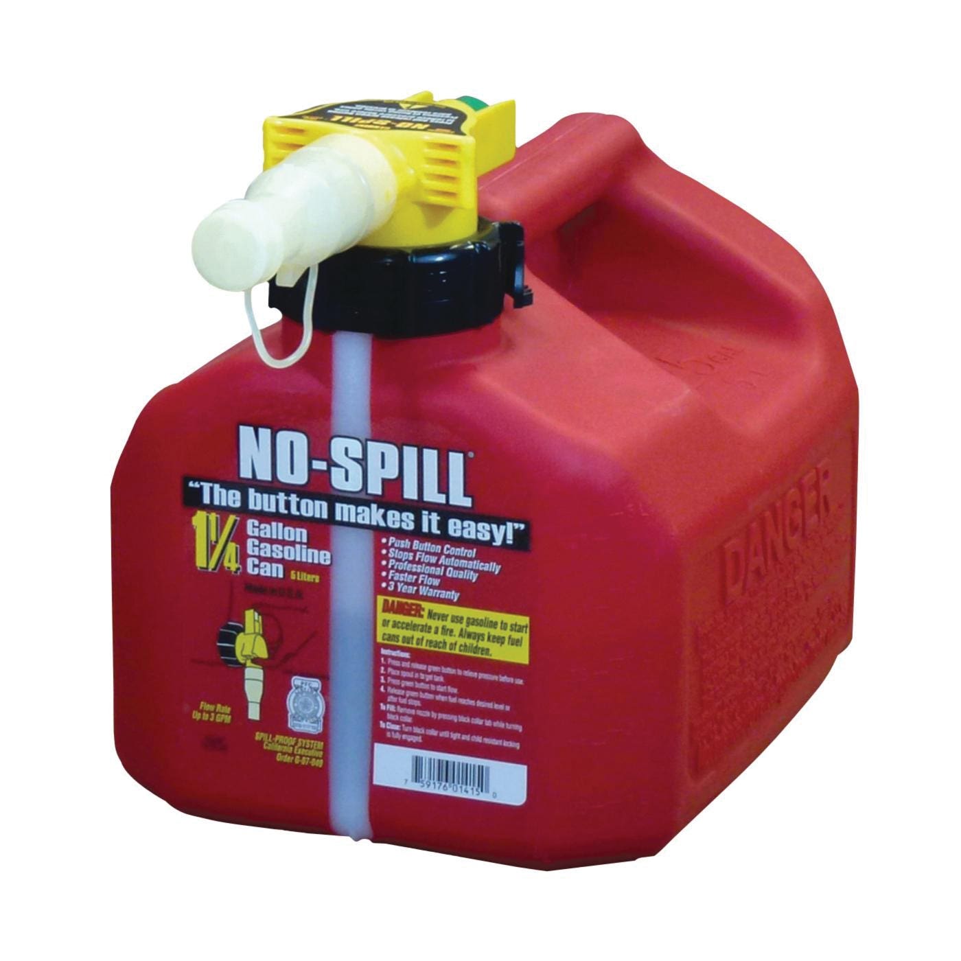 No-Spill Gas Can, 1.25 gal Capacity, Plastic, Red