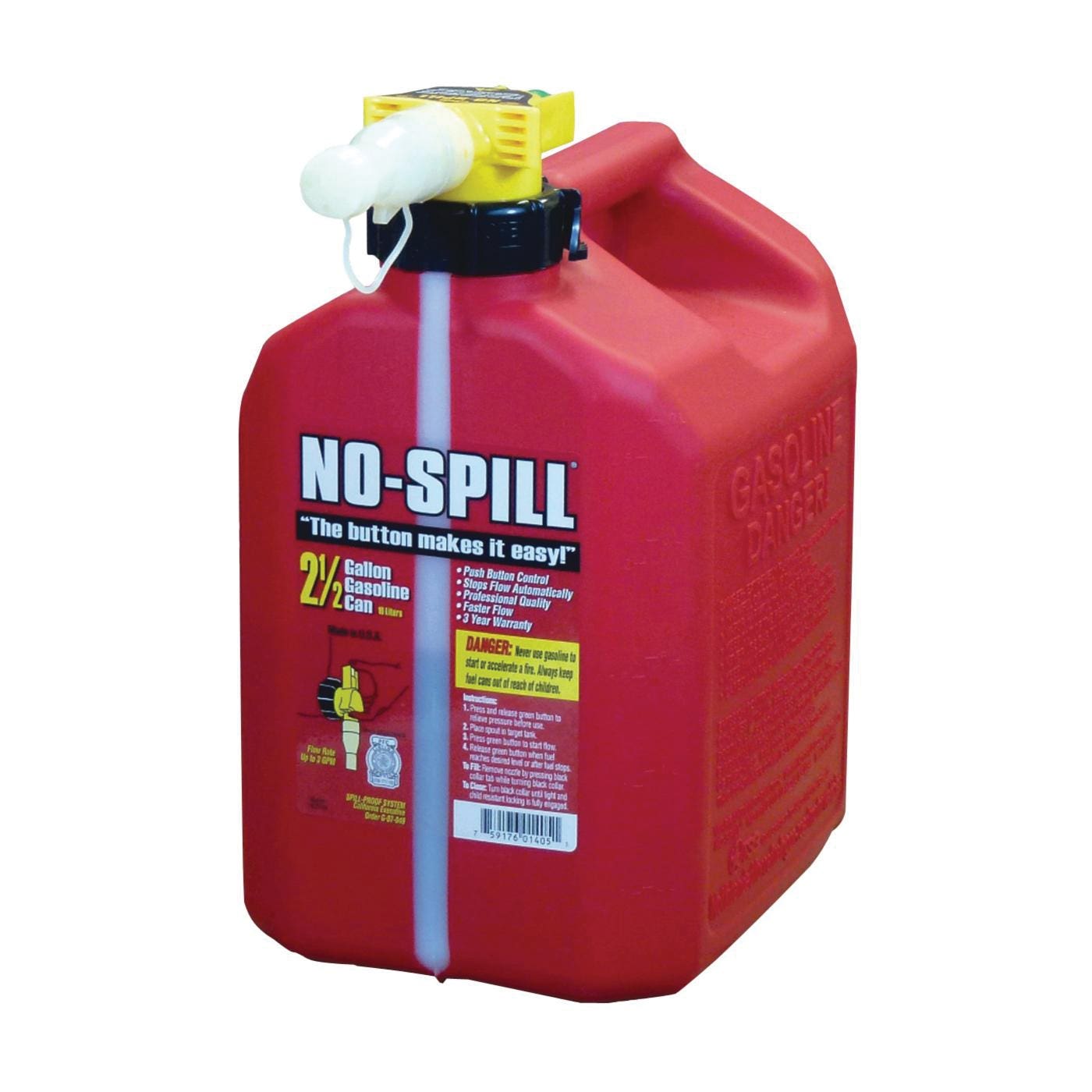 No-Spill Gas Can, 2.5 gal Capacity, Plastic, Red