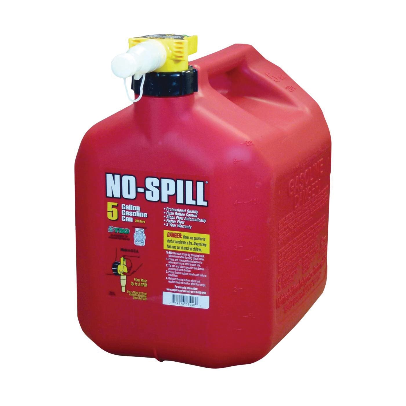 No-Spill Gas Can, 5 gal Capacity, Plastic, Red