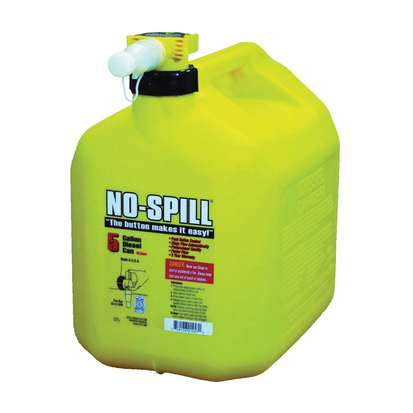 No-Spill Diesel Gas Can, 5 gal, Plastic, Yellow