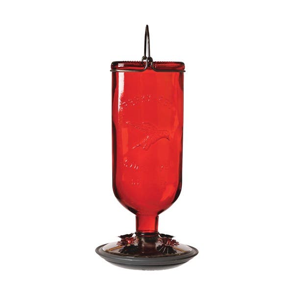 Perky-Pet Bird Feeder, 16 oz, 4-Port/Perch, Glass/Metal, Red, 10.6 in H