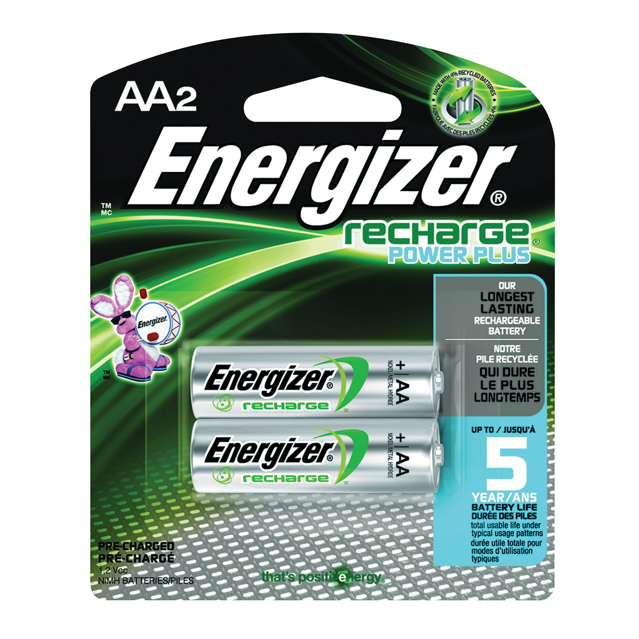 Energizer NH15BP-2 Battery, 1.2 V Battery, 2300 mAh, AA Battery, Nickel-Metal Hydride, Rechargeable: Yes, Green/Silver