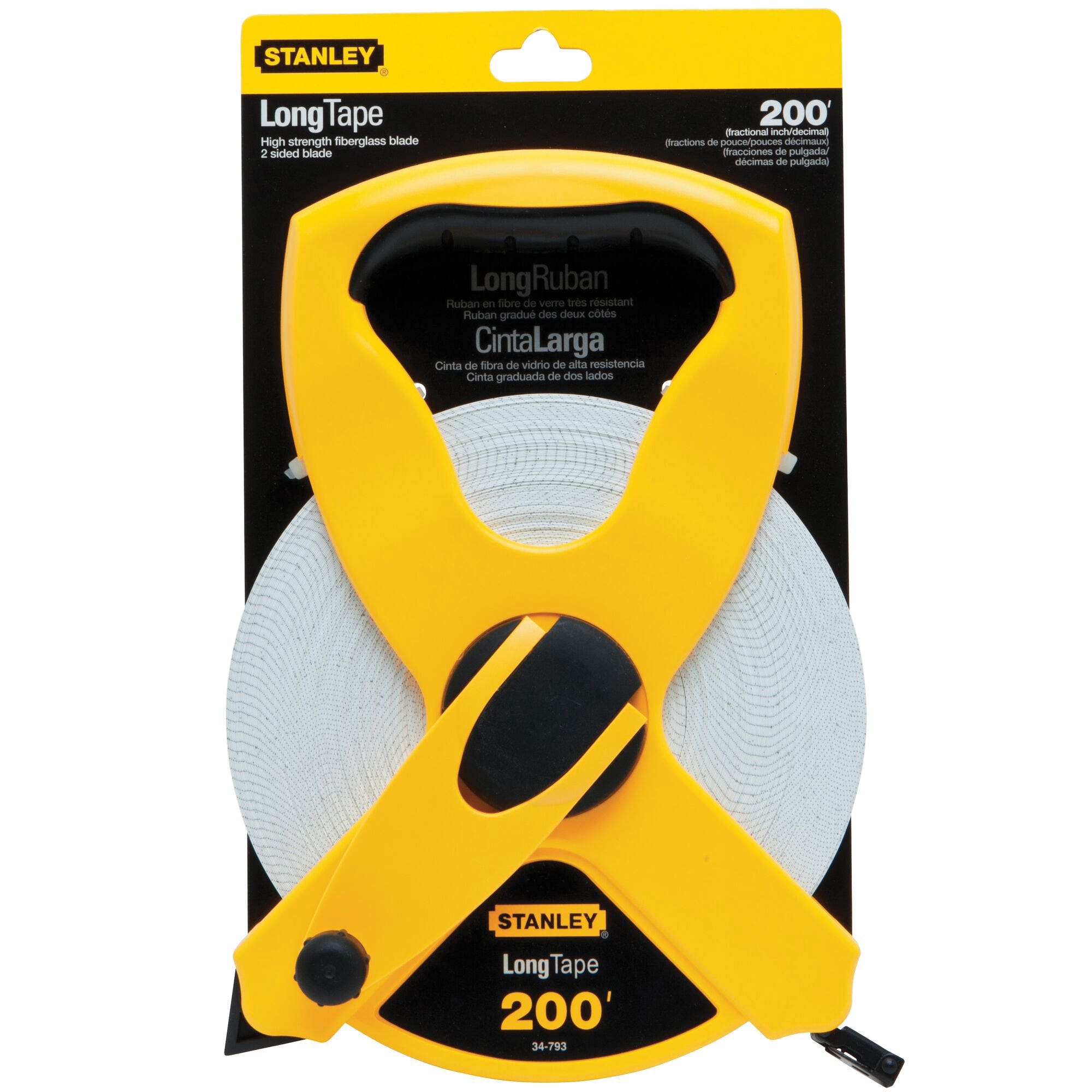 STANLEY 34-793 Tape Measure, 200 ft L Blade, 1/2 in W Blade, Fiberglass Blade, ABS Case, Black/Yellow Case