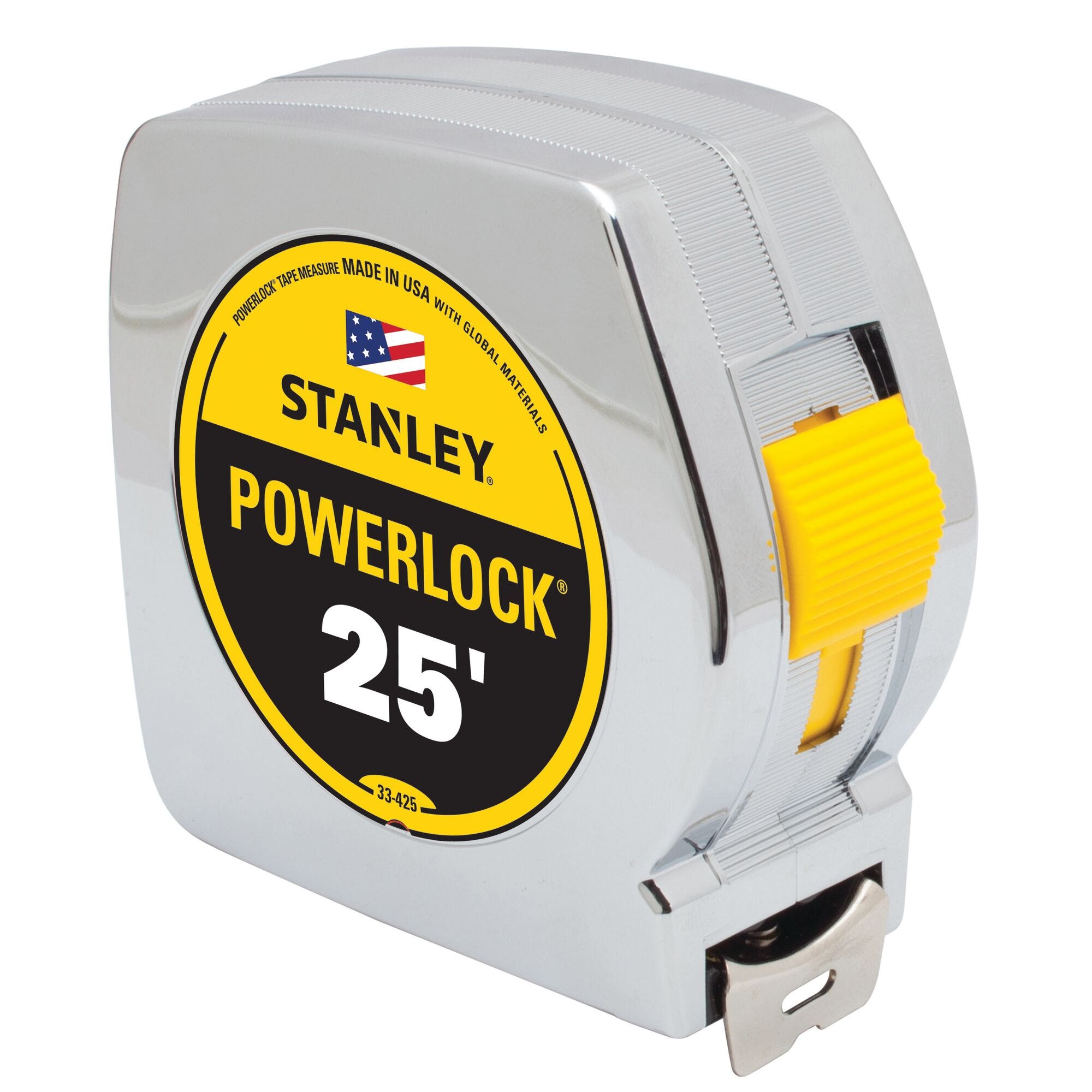 STANLEY PowerLock 33-425 Tape Measure, 25 ft L Blade, 1 in W Blade, Steel Blade, ABS Case, Chrome Case