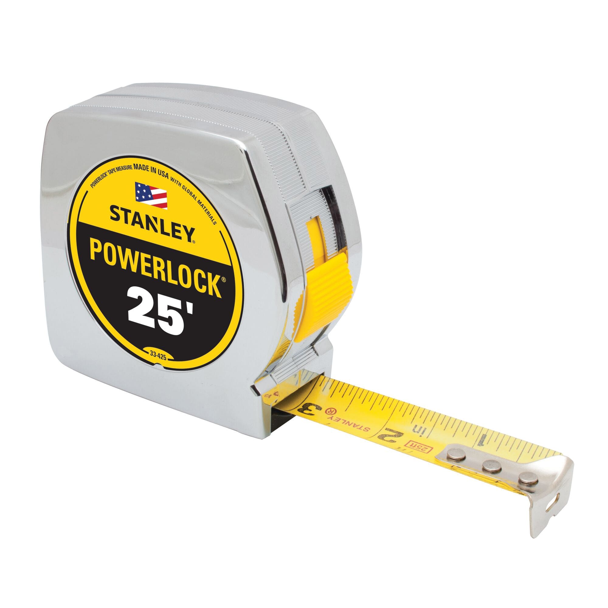 STANLEY PowerLock 33-425 Tape Measure, 25 ft L Blade, 1 in W Blade, Steel Blade, ABS Case, Chrome Case