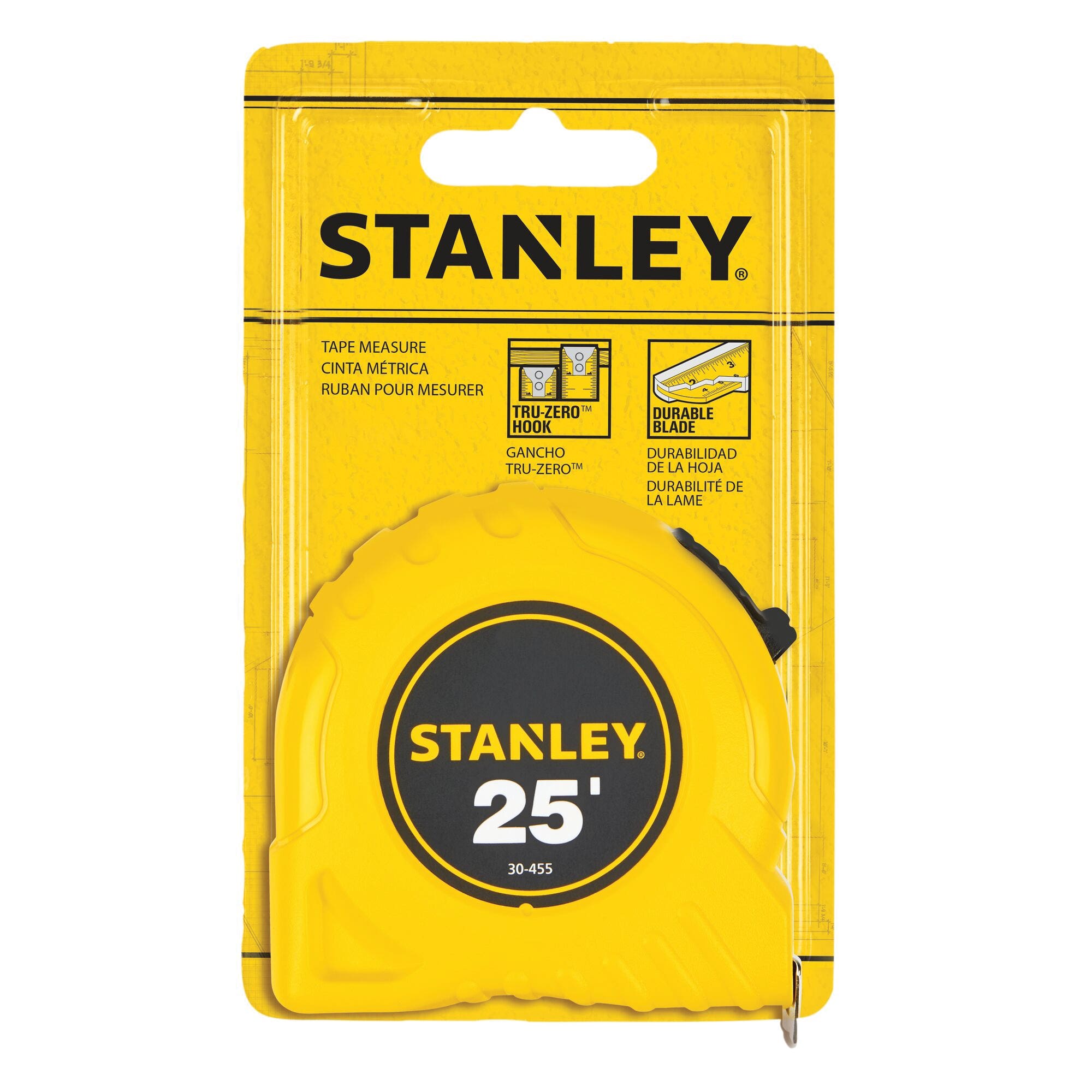 STANLEY 30-455 Measuring Tape, 25 ft L Blade, 1 in W Blade, Steel Blade, ABS Case, Yellow Case