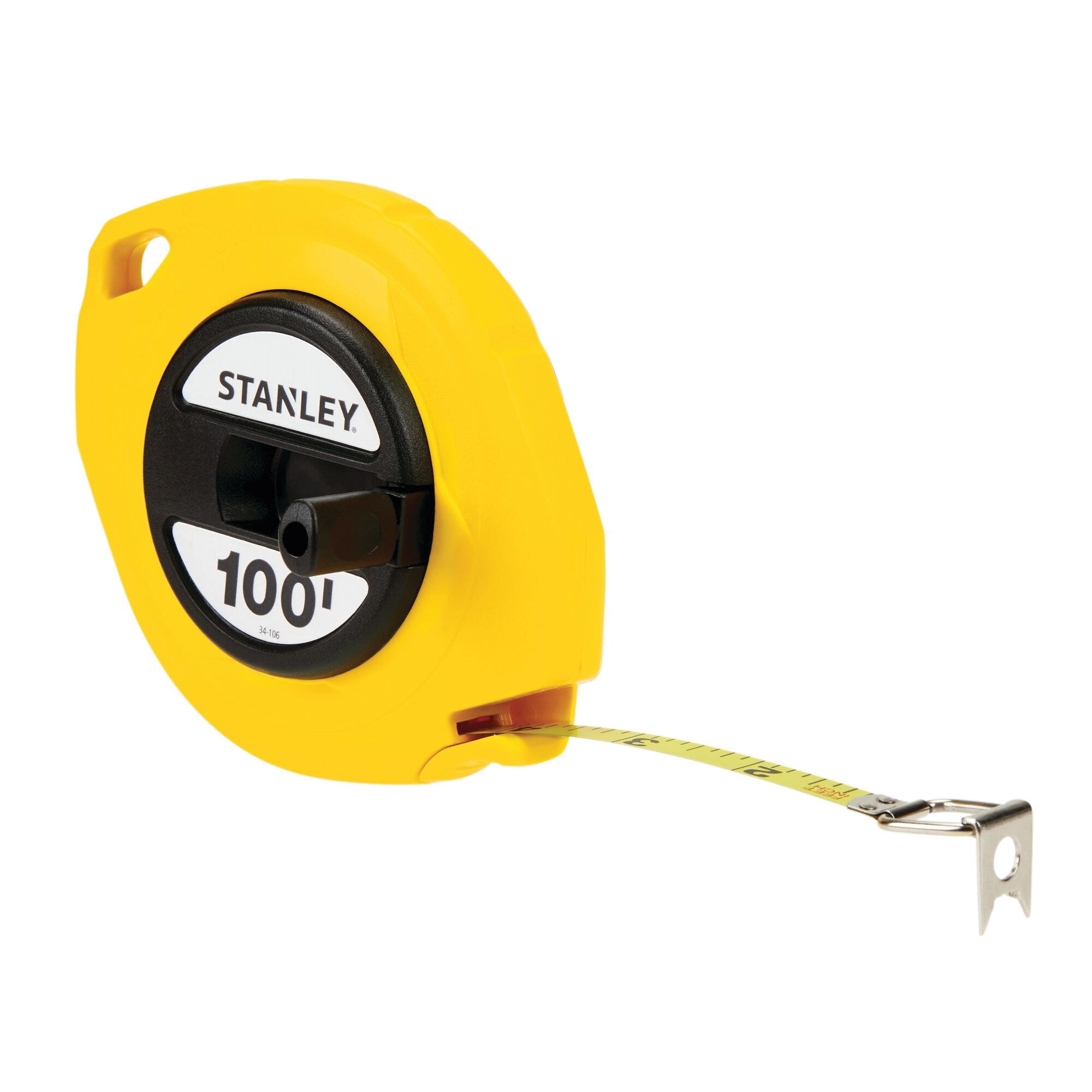STANLEY 34-106 Measuring Tape, 100 ft L Blade, 3/8 in W Blade, Steel Blade, ABS Case, Yellow Case, 1/8 in Graduation
