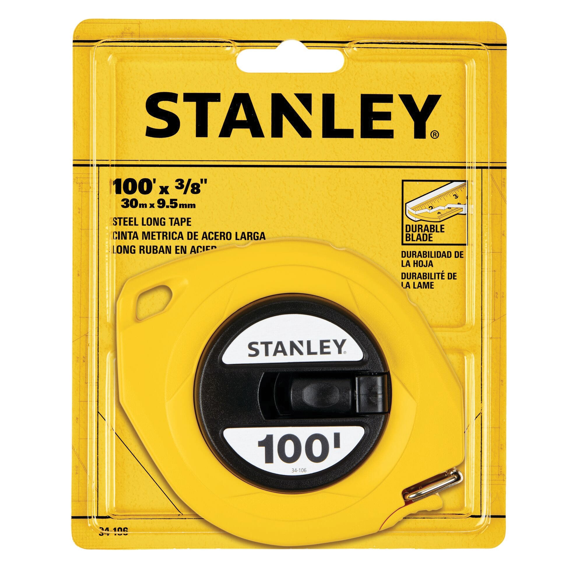 STANLEY 34-106 Measuring Tape, 100 ft L Blade, 3/8 in W Blade, Steel Blade, ABS Case, Yellow Case, 1/8 in Graduation