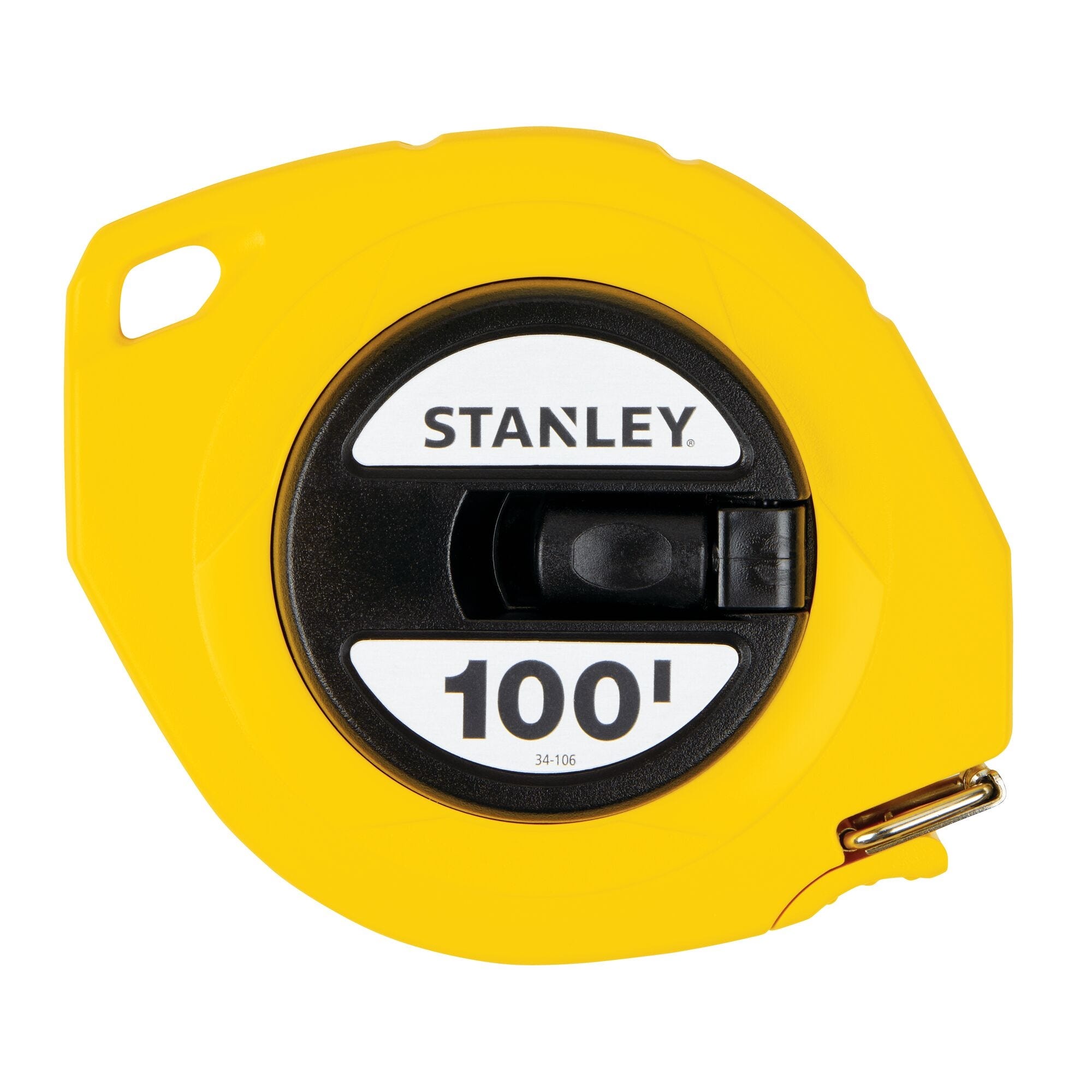 STANLEY 34-106 Measuring Tape, 100 ft L Blade, 3/8 in W Blade, Steel Blade, ABS Case, Yellow Case, 1/8 in Graduation