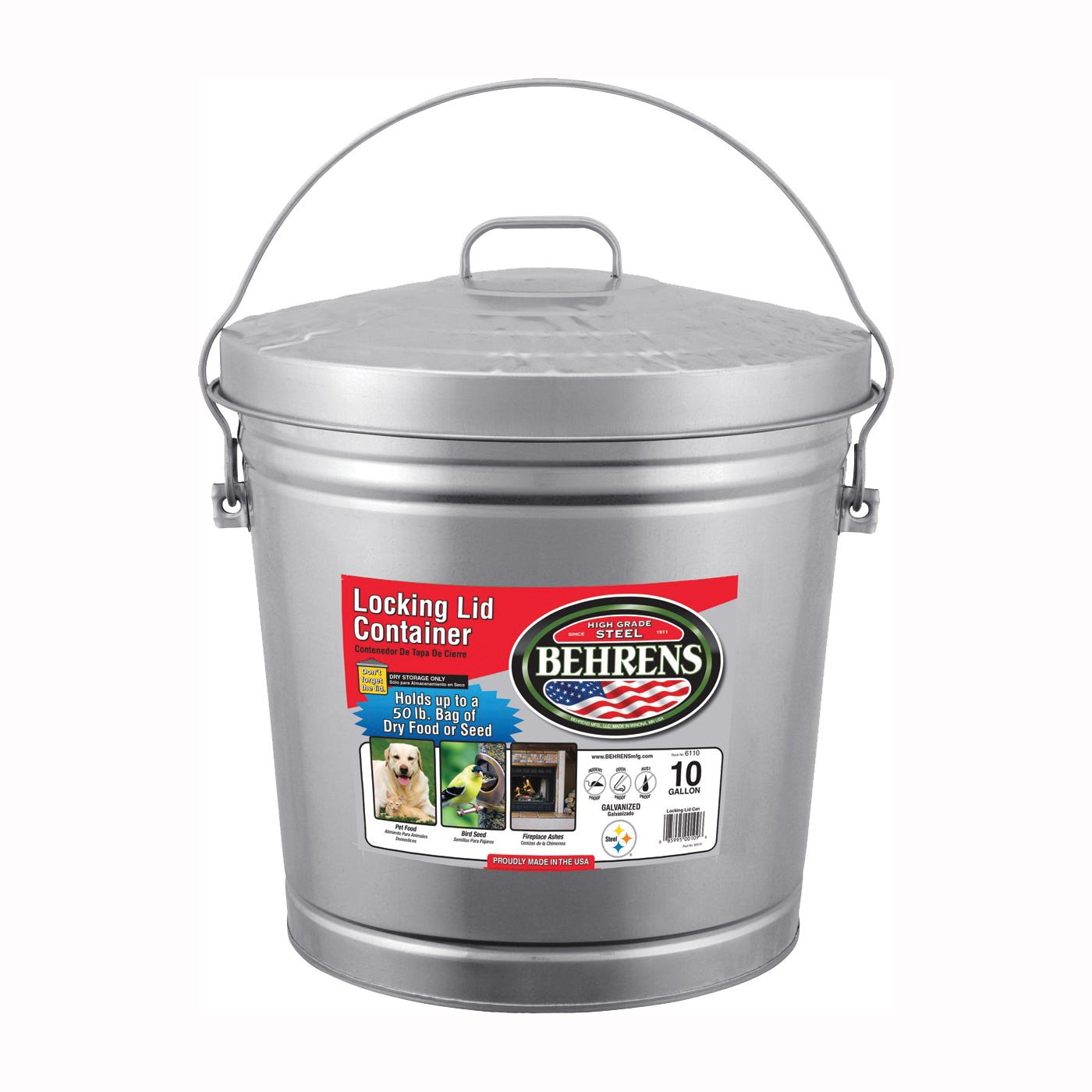 Behrens 6110 Locking Lid Can, 10 gal, Galvanized Steel, Silver