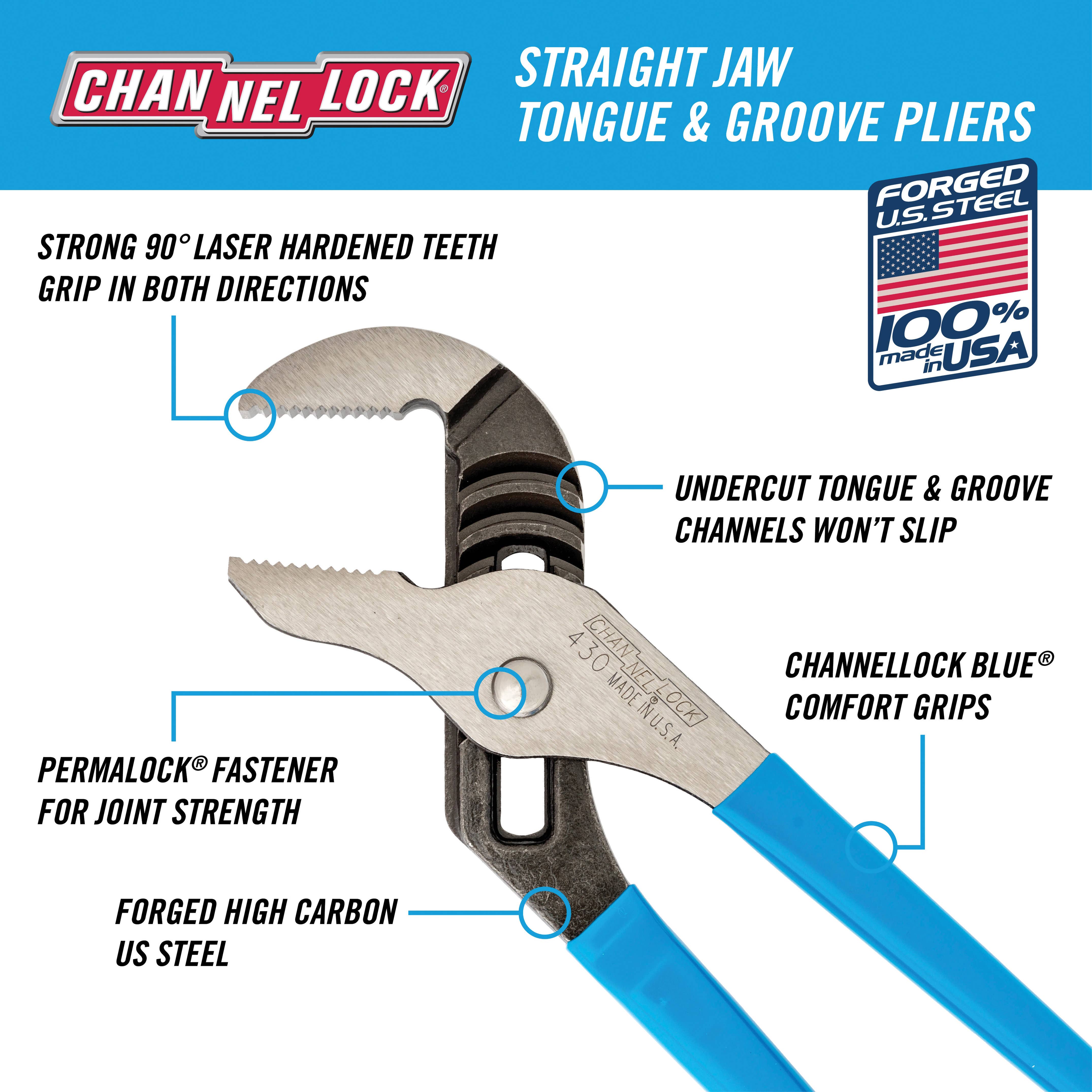 Channellock 430 Tongue and Groove Pliers, 10 in OAL, 2 in Jaw Opening, Blue Handle, Cushion Grip Handle, 1.38 in L Jaw
