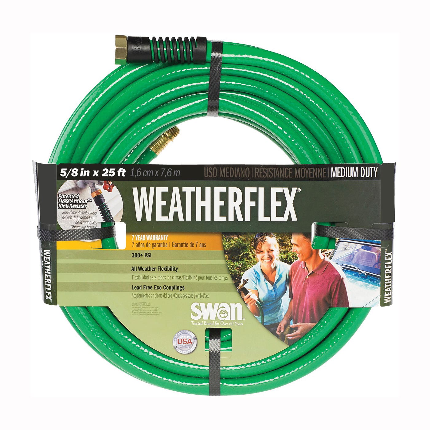 Swan SNWF58025 Garden Hose, 5/8 in, 25 ft L, Threaded, Green