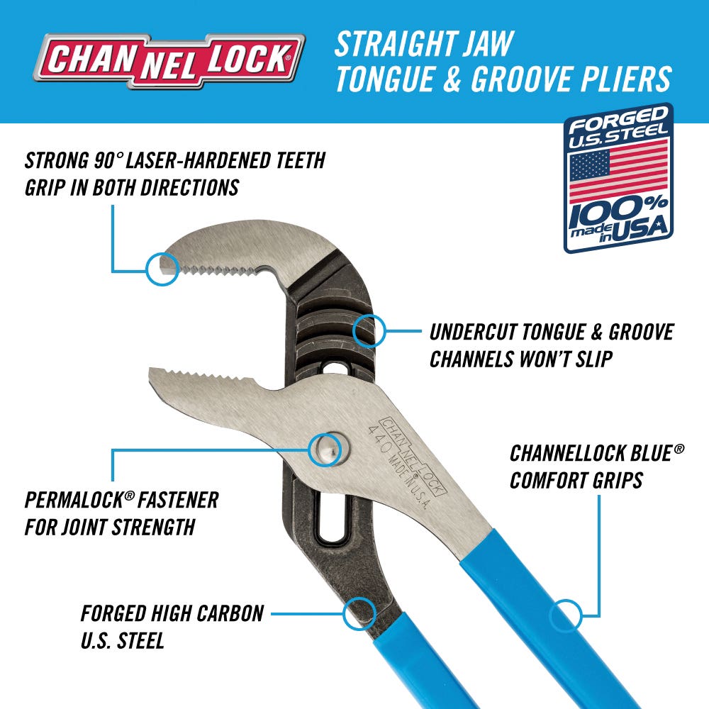 Channellock 440 Tongue and Groove Pliers, 12 in OAL, 2-1/4 in Jaw Opening, Blue Handle, Cushion Grip Handle