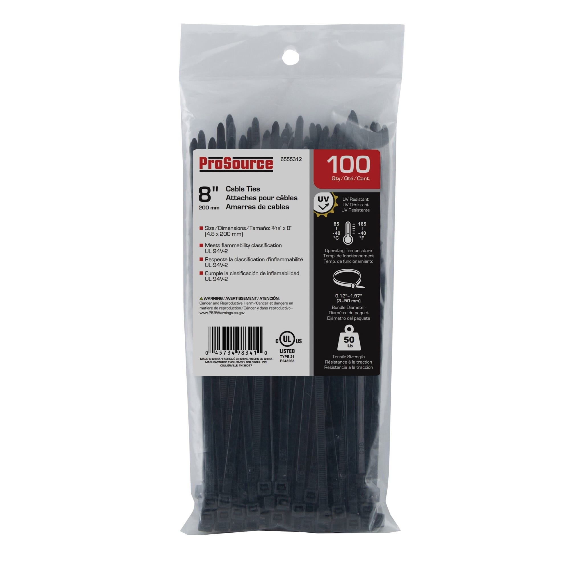 ProSource CV200SW-1003L Cable Tie, 8 inches, 50lb Tensile Strength, Self-Lock Locking, Nylon, Black