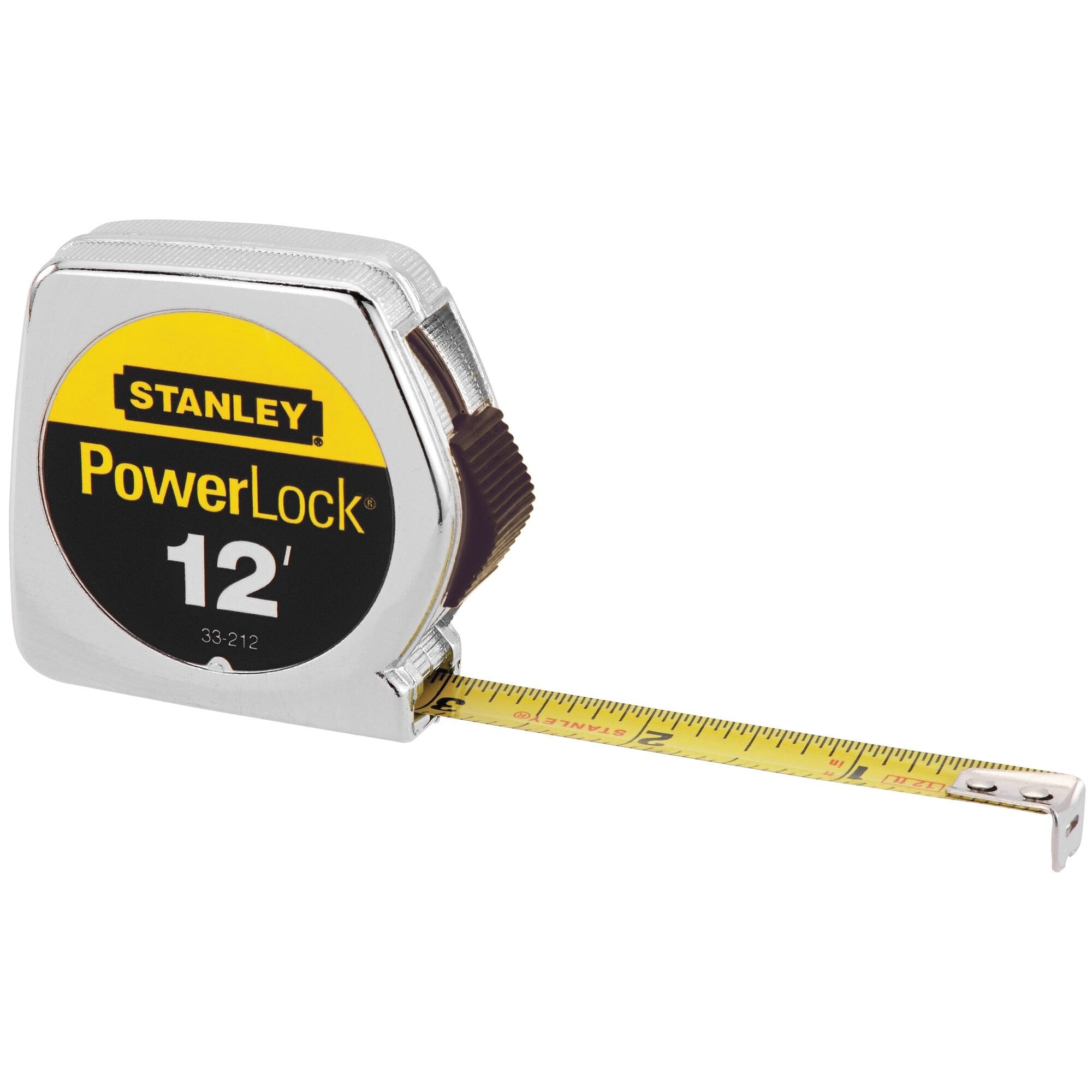 STANLEY PowerLock 33-212 Tape Measure, 12 ft L Blade, 1/2 in W Blade, Steel Blade, Chrome Plated ABS Plastic Case
