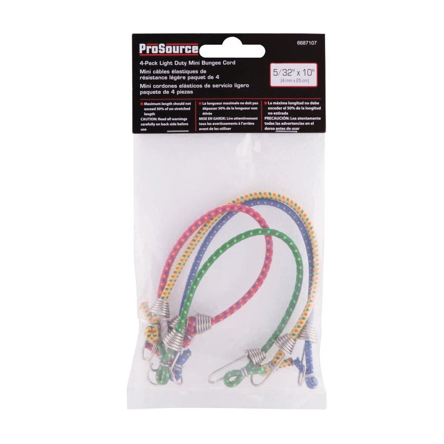 ProSource FH64074 Bungee Stretch Cord, 4 in Dia, 10 ft L, Blue/Green/Red/Yellow, Hook End