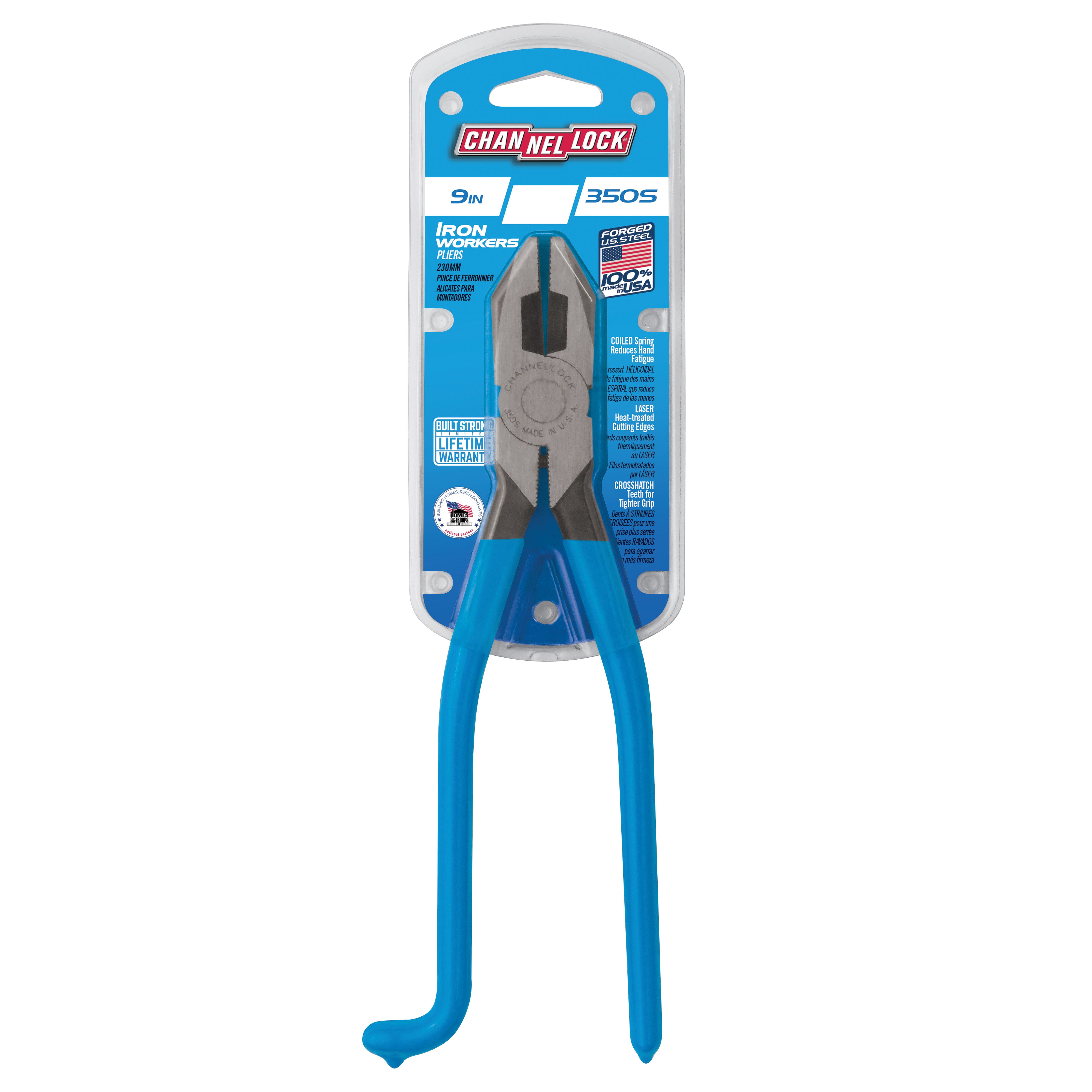 Channellock 350S Iron Workers Pliers, 8-3/4 in OAL, Blue Handle, Ergonomic Handle, 1.06 in W Jaw, 1.28 in L Jaw