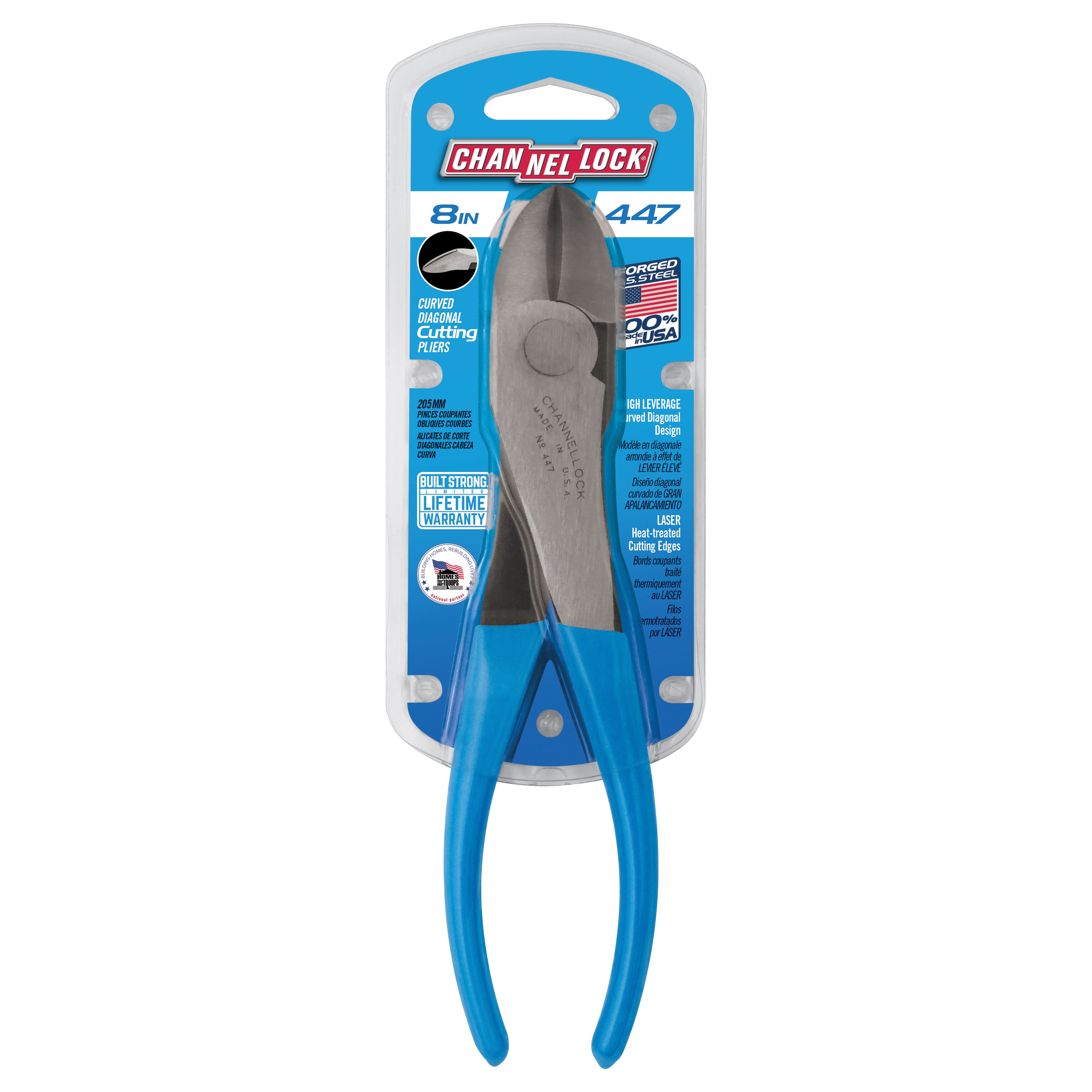 Channellock 447 Diagonal Cutting Pliers, 7-3/4 in OAL, Blue Handle, Ergonomic Handle, 1.06 in W Jaw, 1.02 in L Jaw