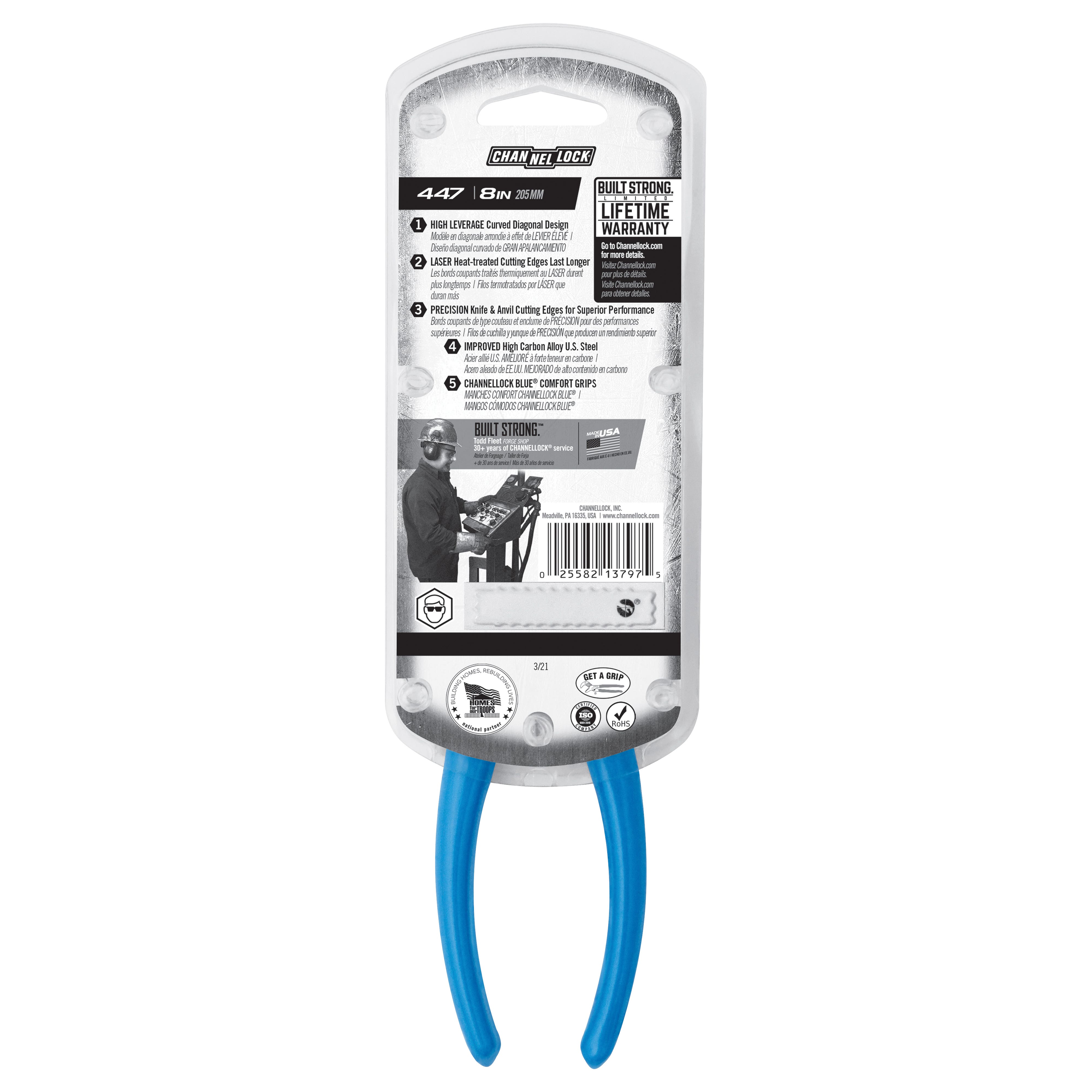 Channellock 447 Diagonal Cutting Pliers, 7-3/4 in OAL, Blue Handle, Ergonomic Handle, 1.06 in W Jaw, 1.02 in L Jaw